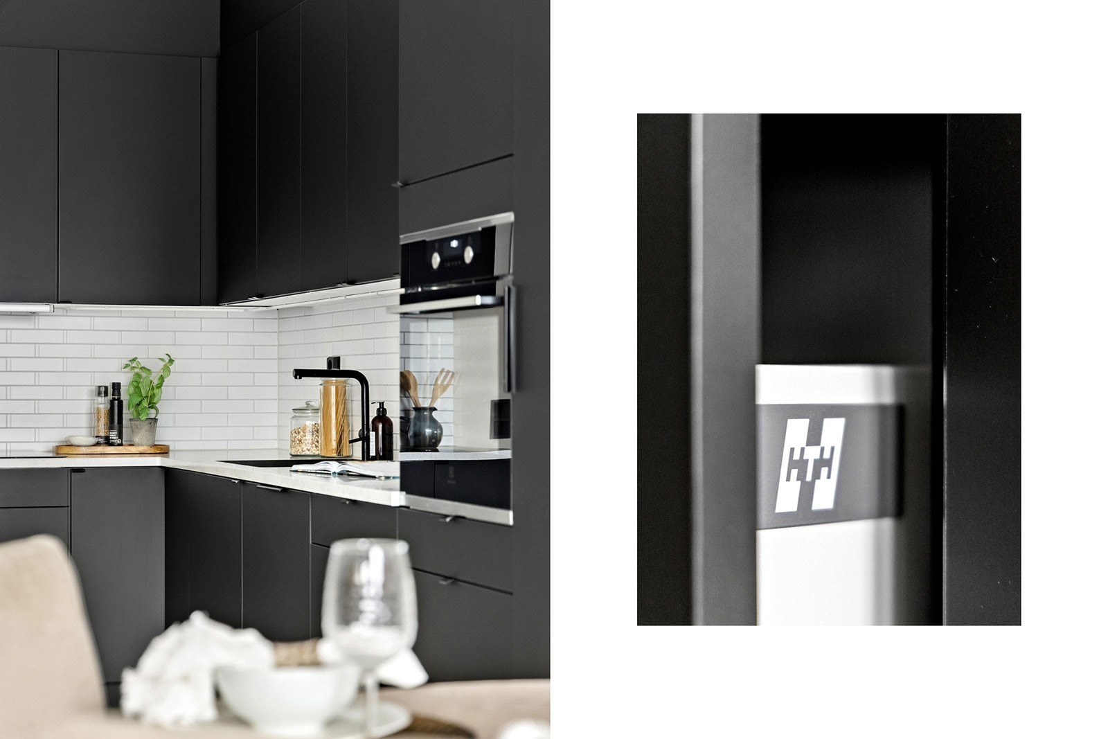 HTH- Kjøkken med integrerte hvitevarer som kjøl/fryseskap, oppvaskmaskin, induksjonstopp og stekeovn. Galleribilde