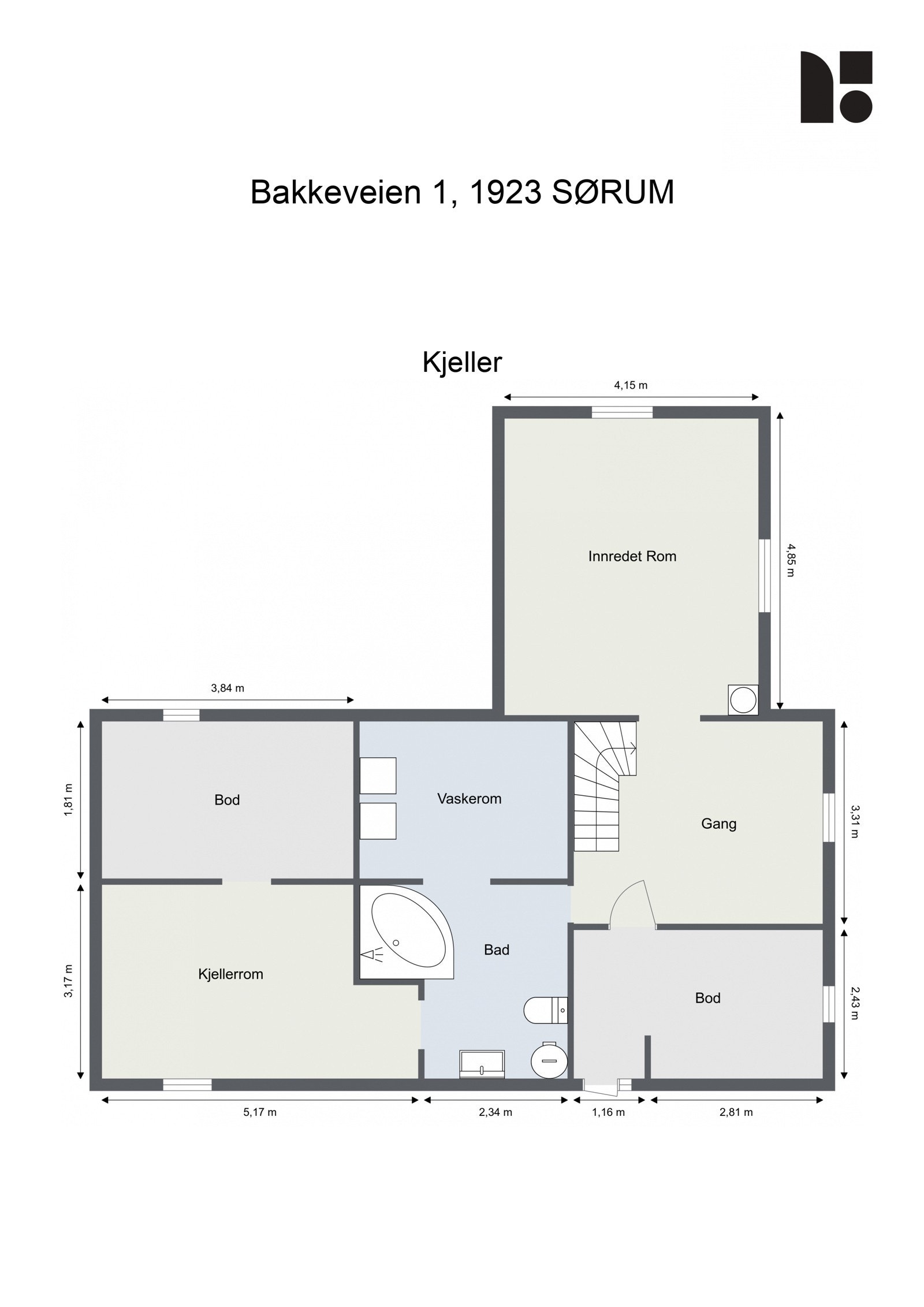 Planløsning kjeller består av Innredet rom, gang, vaskerom/bad, to boder og kjellerrom. Galleribilde