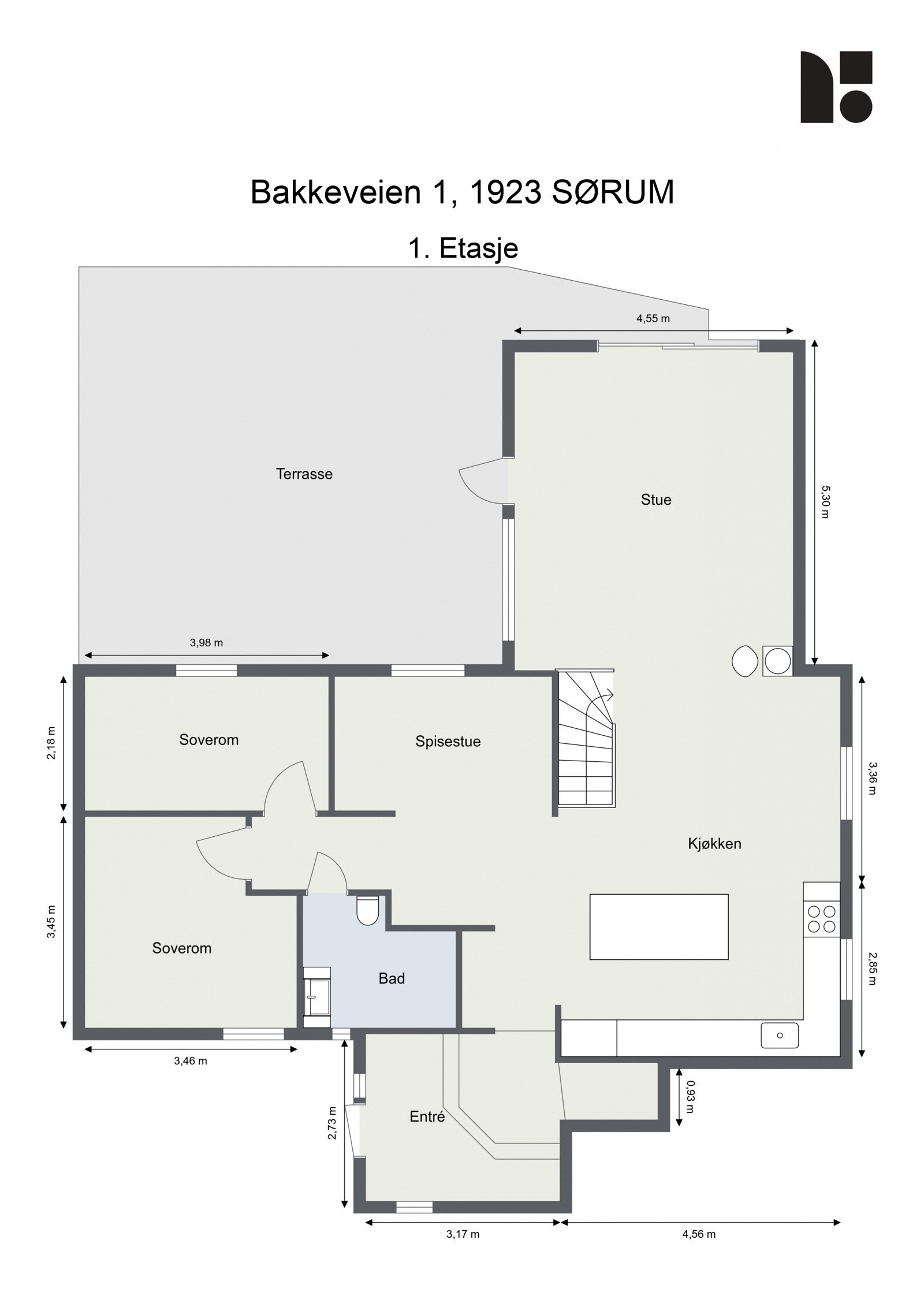 Plantegning 1. etasje består av entre, kjøkken, stue, spisestue, bad, og to soverom Galleribilde