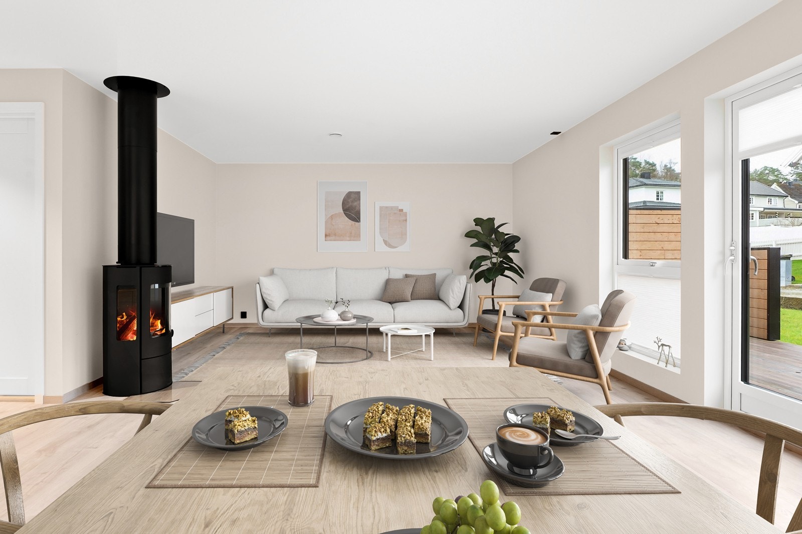 Digital styling. Fra stuedelen er det direkte utgang til en stor, vestvendt terrasse. Galleribilde