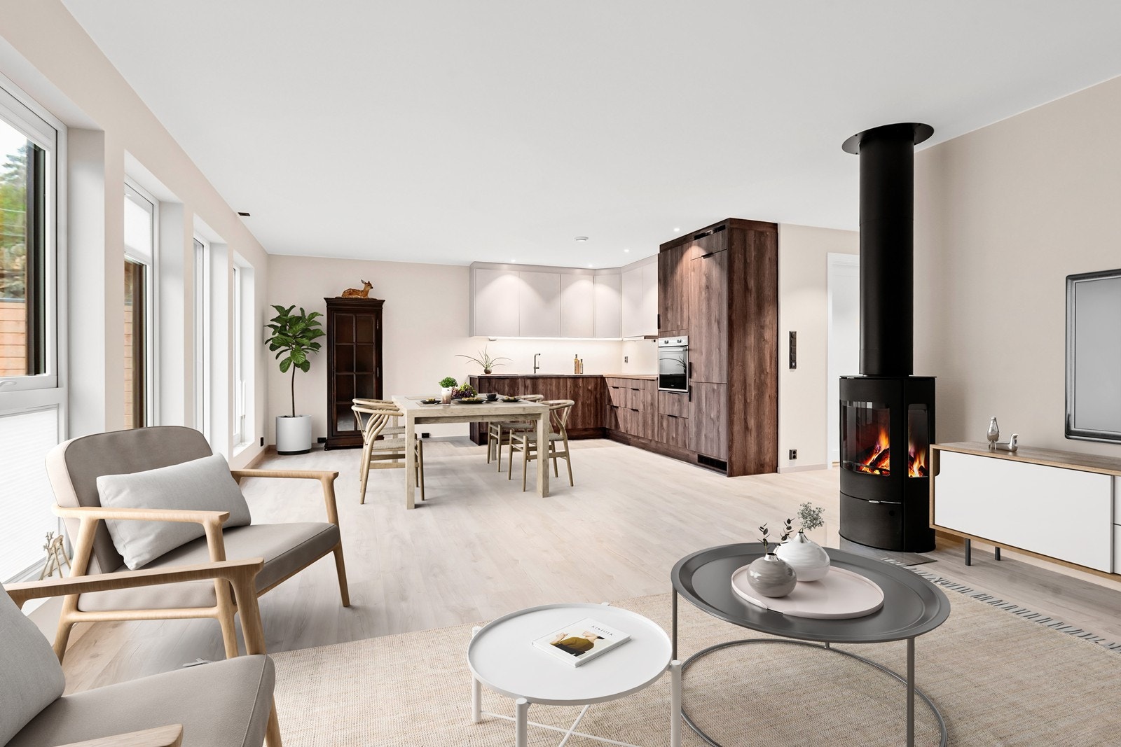 Digital styling. Det sosiale allrommet er et naturlig samlingspunkt med god plass til både sofagruppe og spisebord. Galleribilde