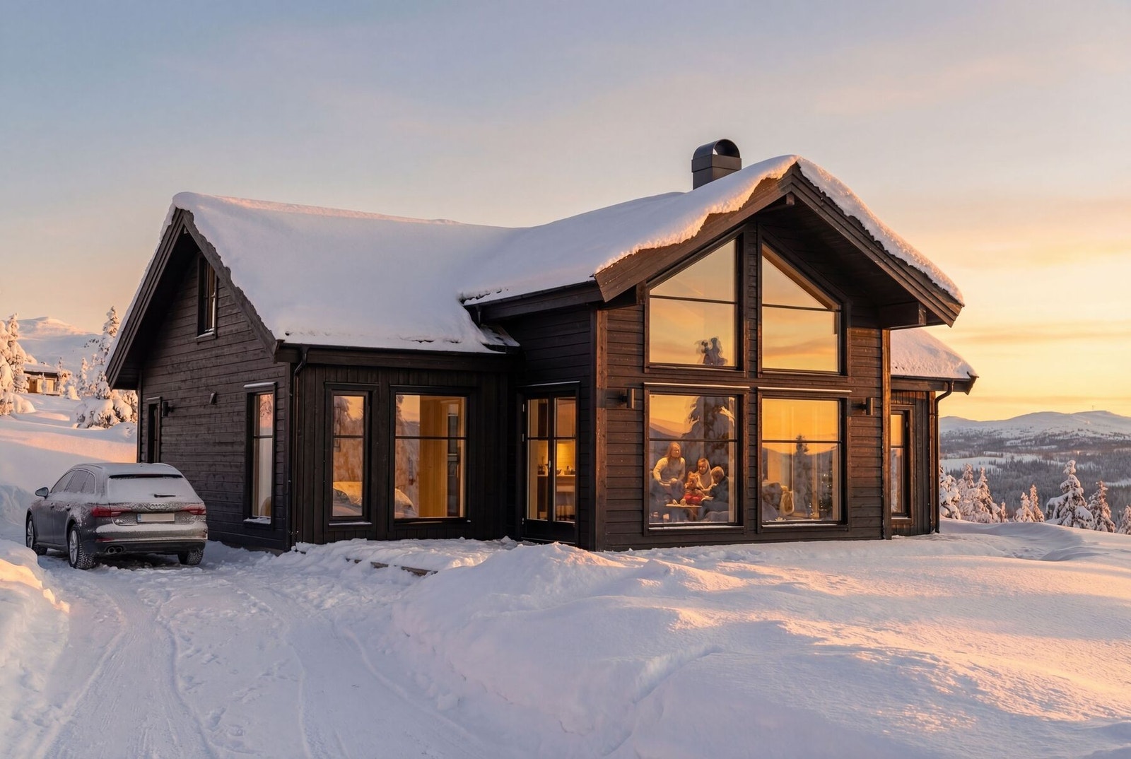 Polar-hyttene har panoramavinduer i front. AI-illkustrasjon av en Polar 98 som er priset i annonsen. Galleribilde