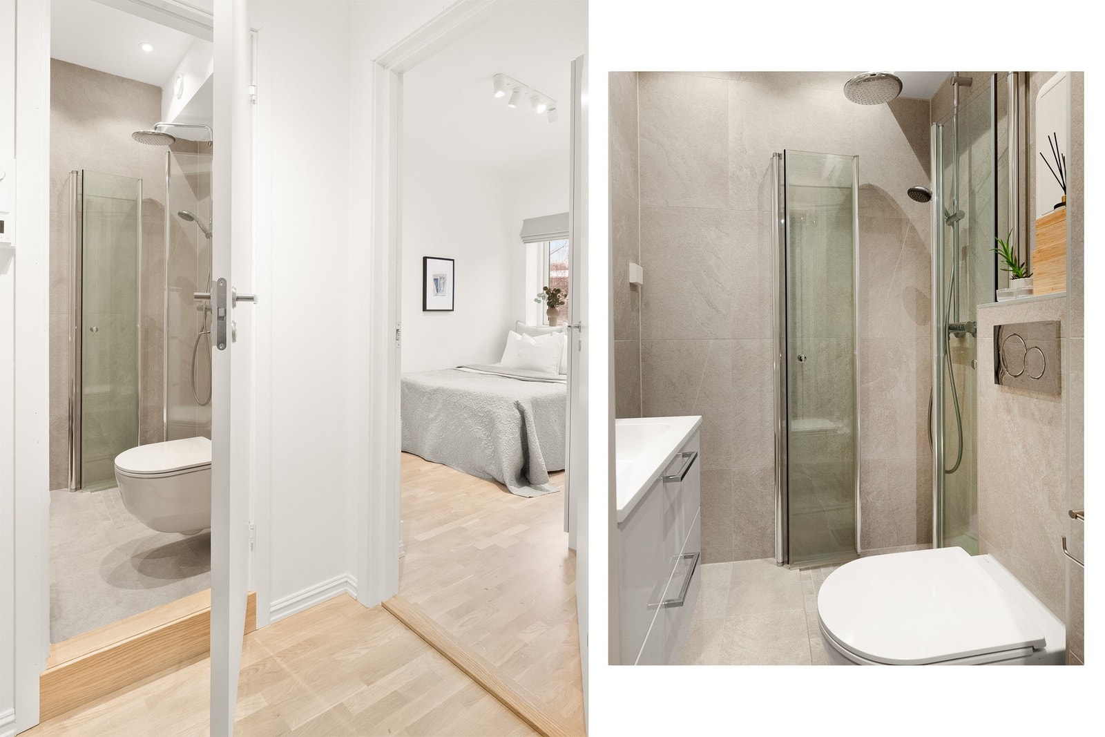 Moderne baderom med gulvvarme og opplegg for vaskemaskin. Badet er pusset opp i 2023, og komplett FDV-dokumentasjon foreligger. Galleribilde