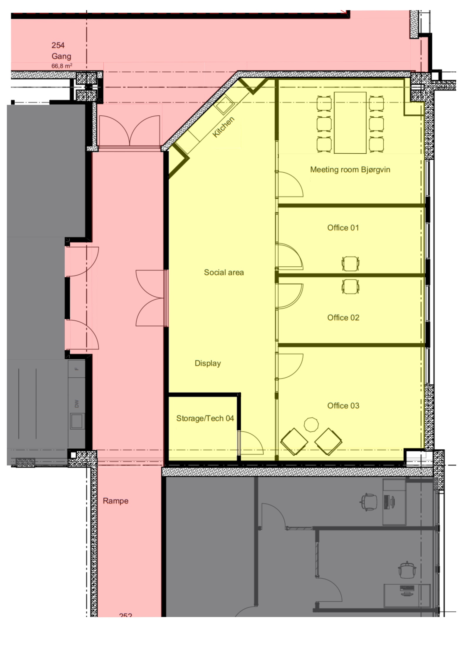 Plantegning Damsgårdsveien 135. Lokalet er markert i gul. Galleribilde