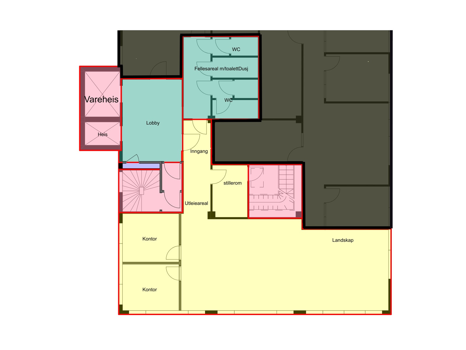Plantegning Damsgårdsveien 143, 4. etasje. Lokalets areal er markert i gul. Felles lobby og toalett er markert i grønn. Galleribilde