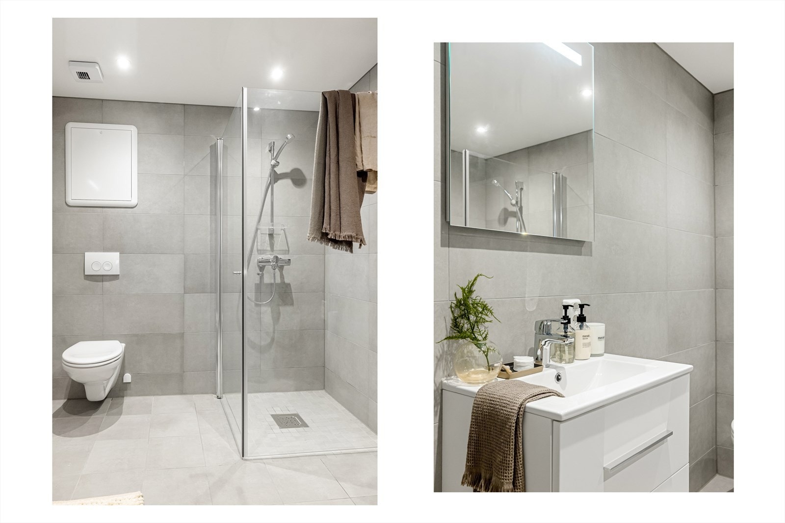 Badet er ellers innredet med veggehengt speil, servant med skuffer og vegghengt toalett. Galleribilde