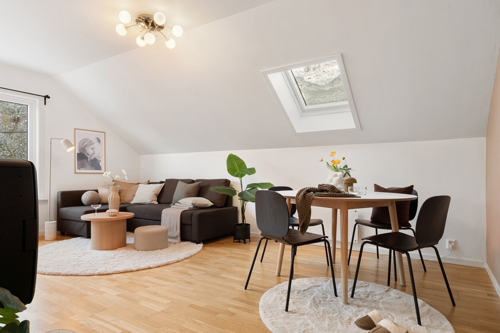 Lys og romslig stue med takvindu som slipper inn naturlig lys. Galleribilde