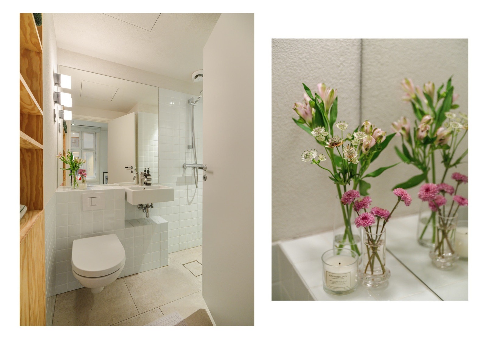 Det består av veggmontert toalett, dusjhjørne og varmekabler i gulv. Galleribilde