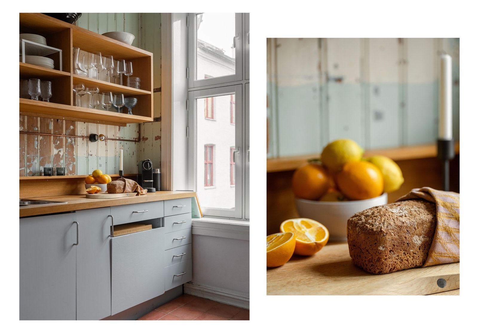 Kjøkkeninnredningen består av glatte fronter, heltre benkeplater og plass til frittstående komfyr og kjøleskap. Benkeplate og hyller er fra 2020. Galleribilde