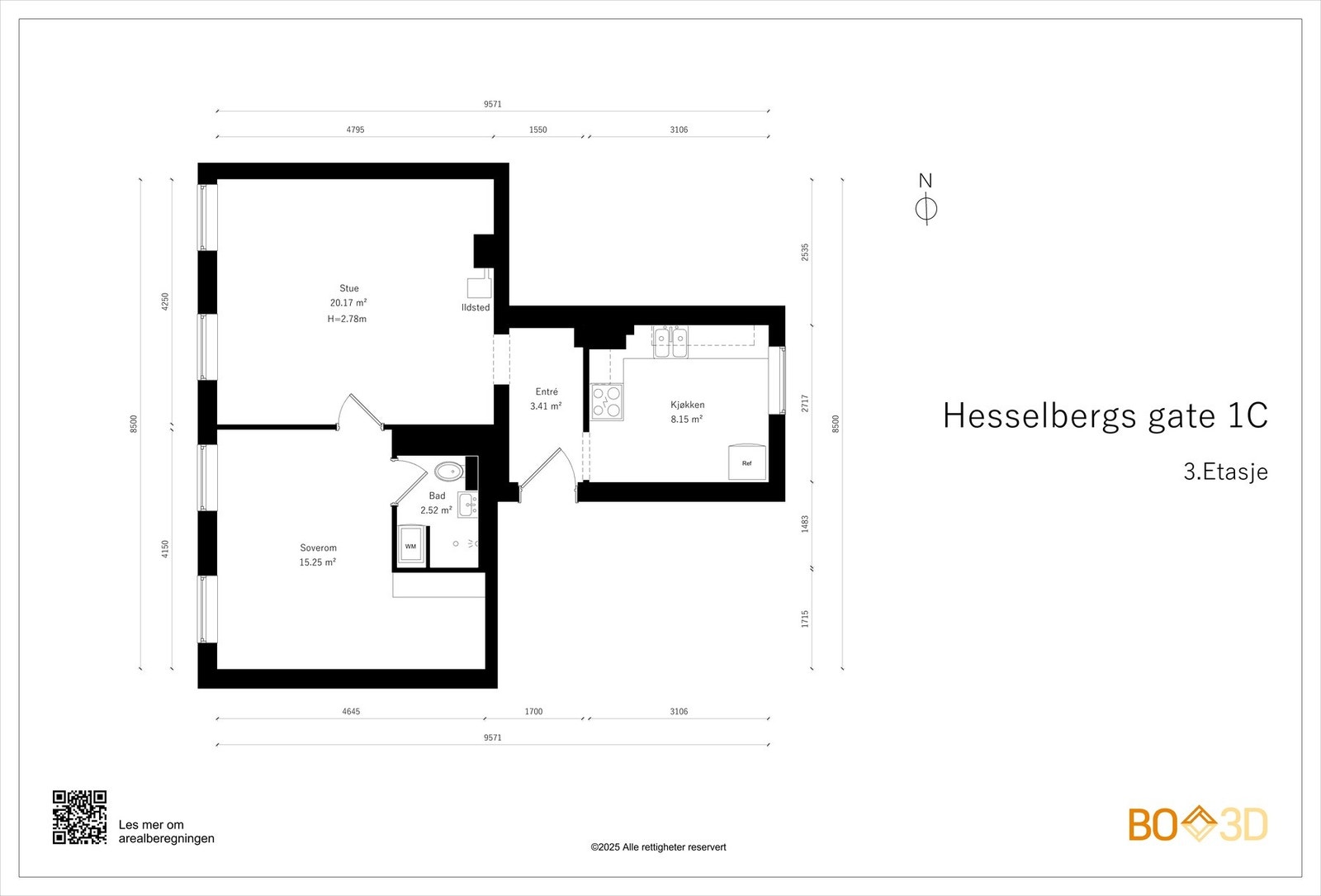 Før vi blar videre tar vi en titt på boligens planskisse. I tillegg til innvendig areal, disponerer leiligheten en kjellerbod med ca 5 kvm gulvareal. Galleribilde