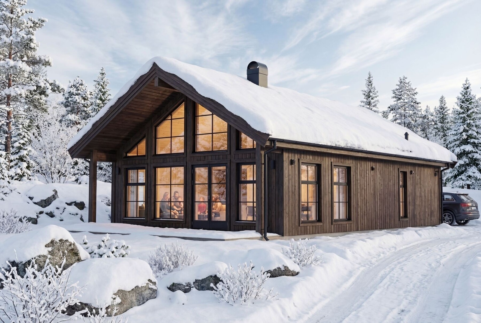 Vår nye hyttemodell Frøya 75 har alt man ønsker seg av en moderne hytte! AI-Illustrasjonsfoto Galleribilde