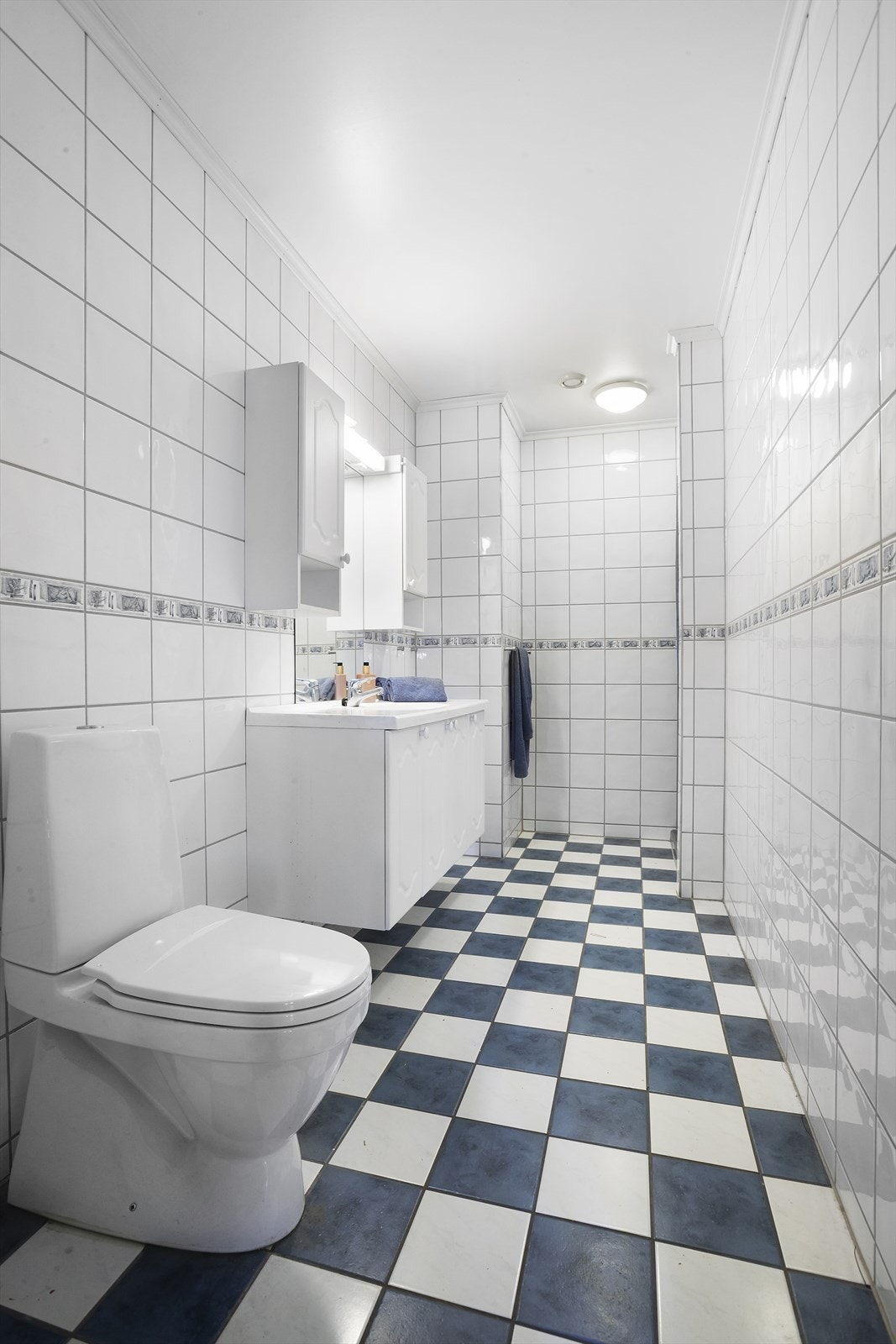 I boligens underetasje er det to flislagte bad, med servantskap, gulvmontert toalett og dusjhjørne Galleribilde