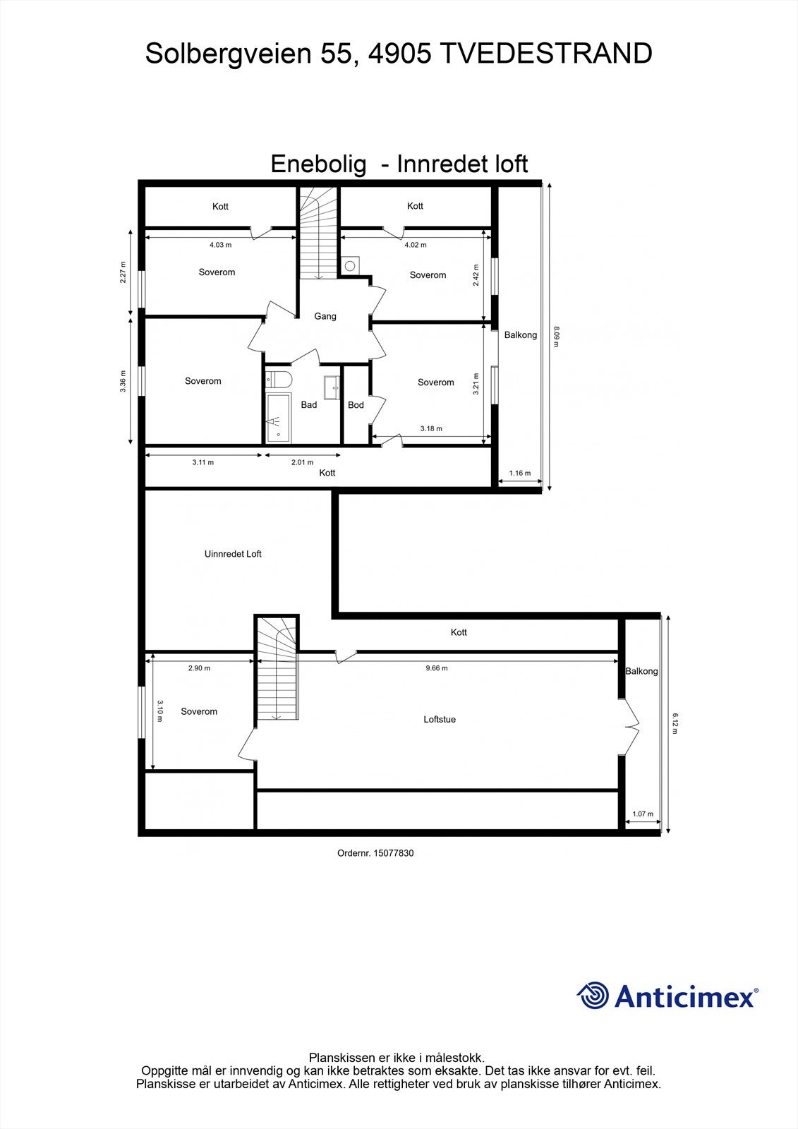 Plantegning 2. etasje - Det gjøres oppmerksom på at det kun er tre godkjente soverom på loftet, se mer info i salgsoppgaven. Galleribilde