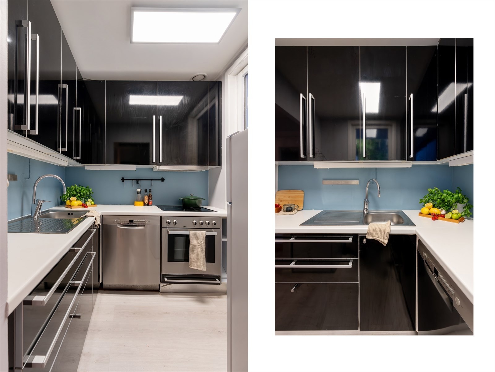 - Kjøkkenet er innredet med sorte, glatte fronter og benkeplate i laminat - Galleribilde