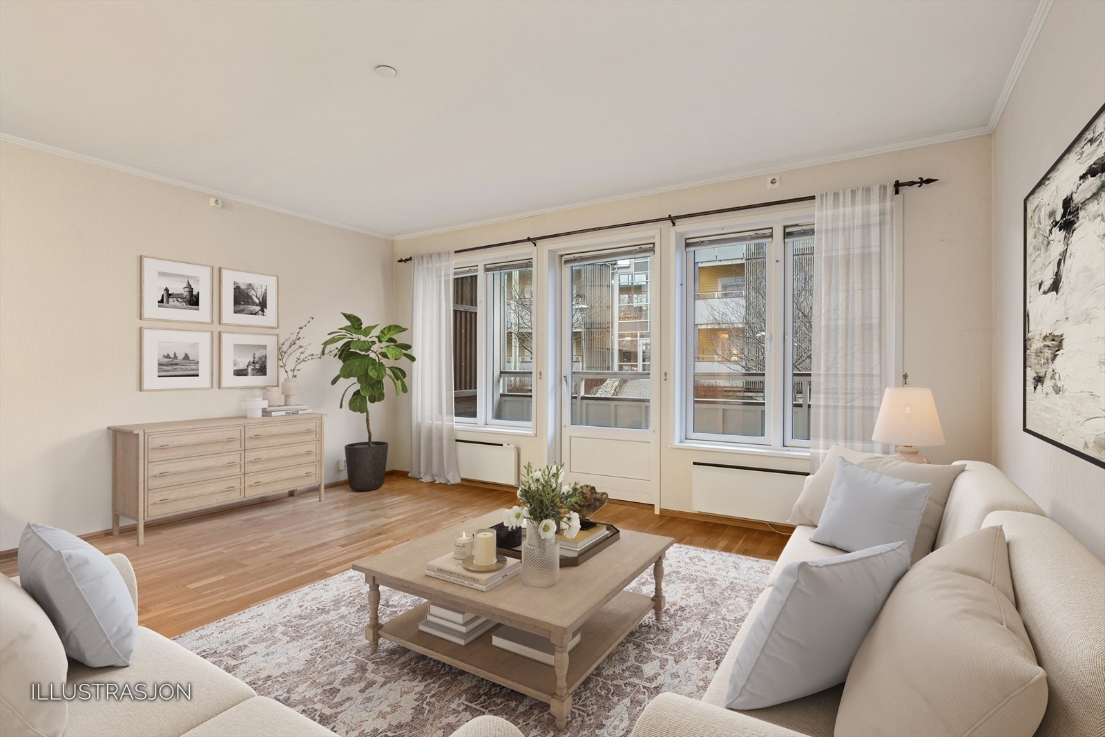 Tre første bildene er redigerte med digital møblering som illustrasjon. Galleribilde