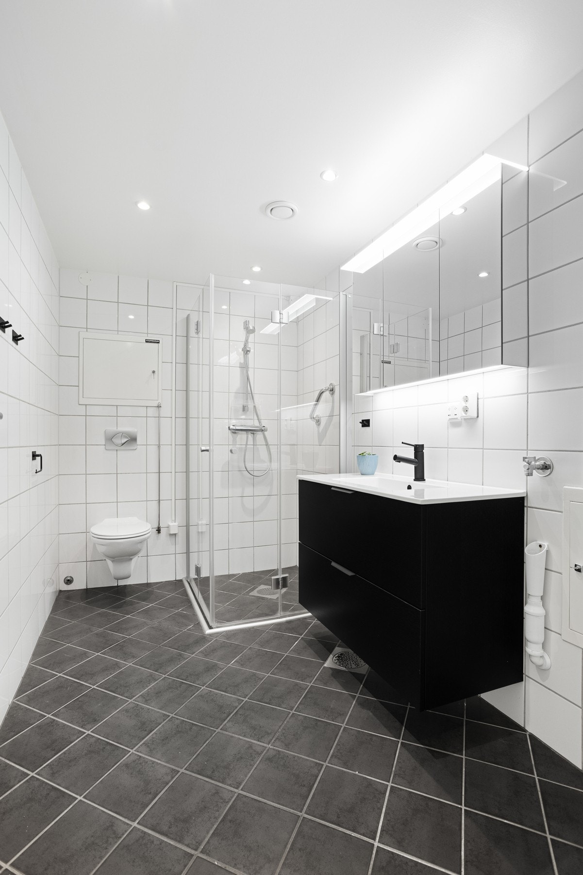 Badet inneholder vegghengt toalett og dusjhjørne Galleribilde