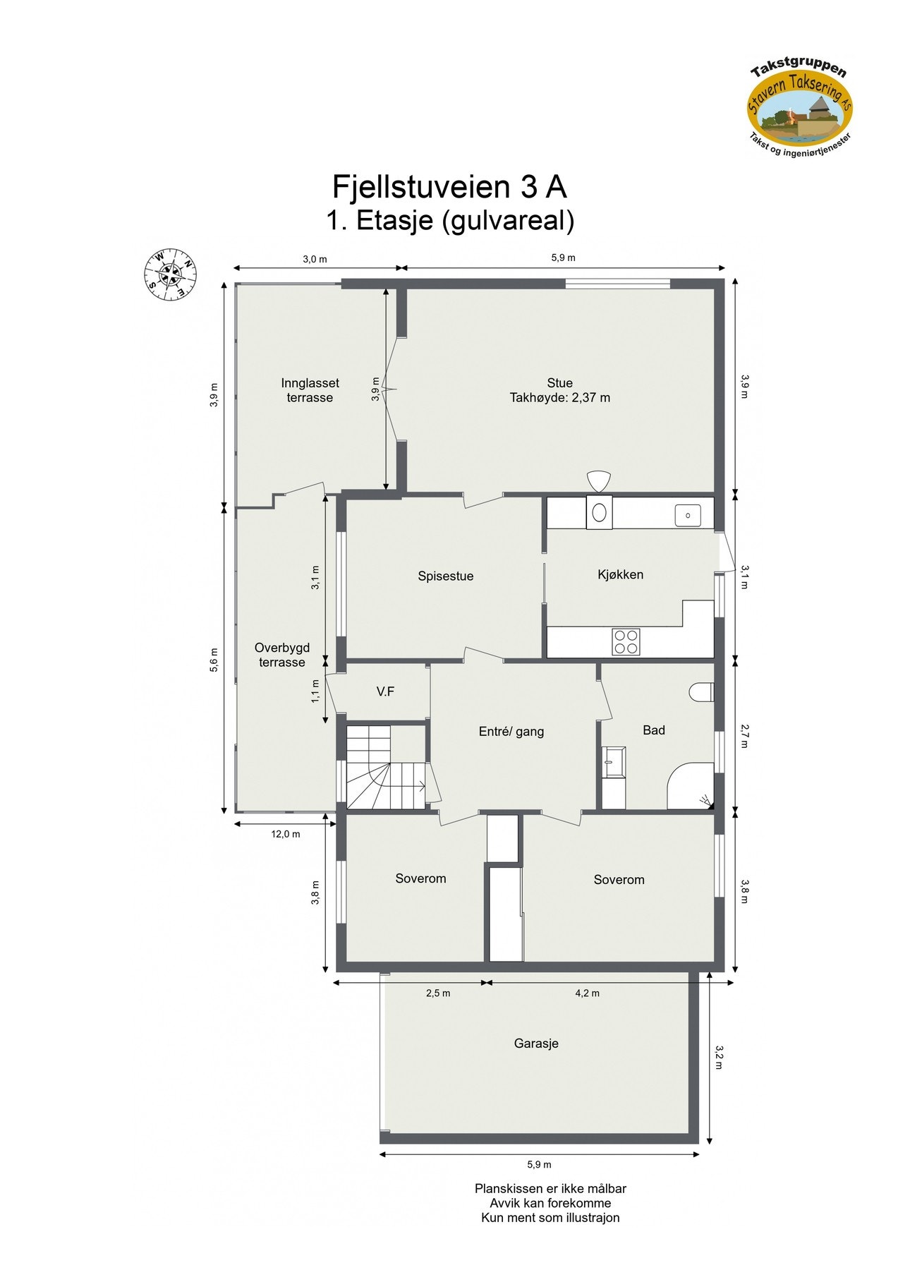 Plantegningen for 1.etasje. Det er avvik fra originale byggetegninger, les mer under avsnitt "midlertidig brukstillatelse og ferdigattest" for mer info Galleribilde
