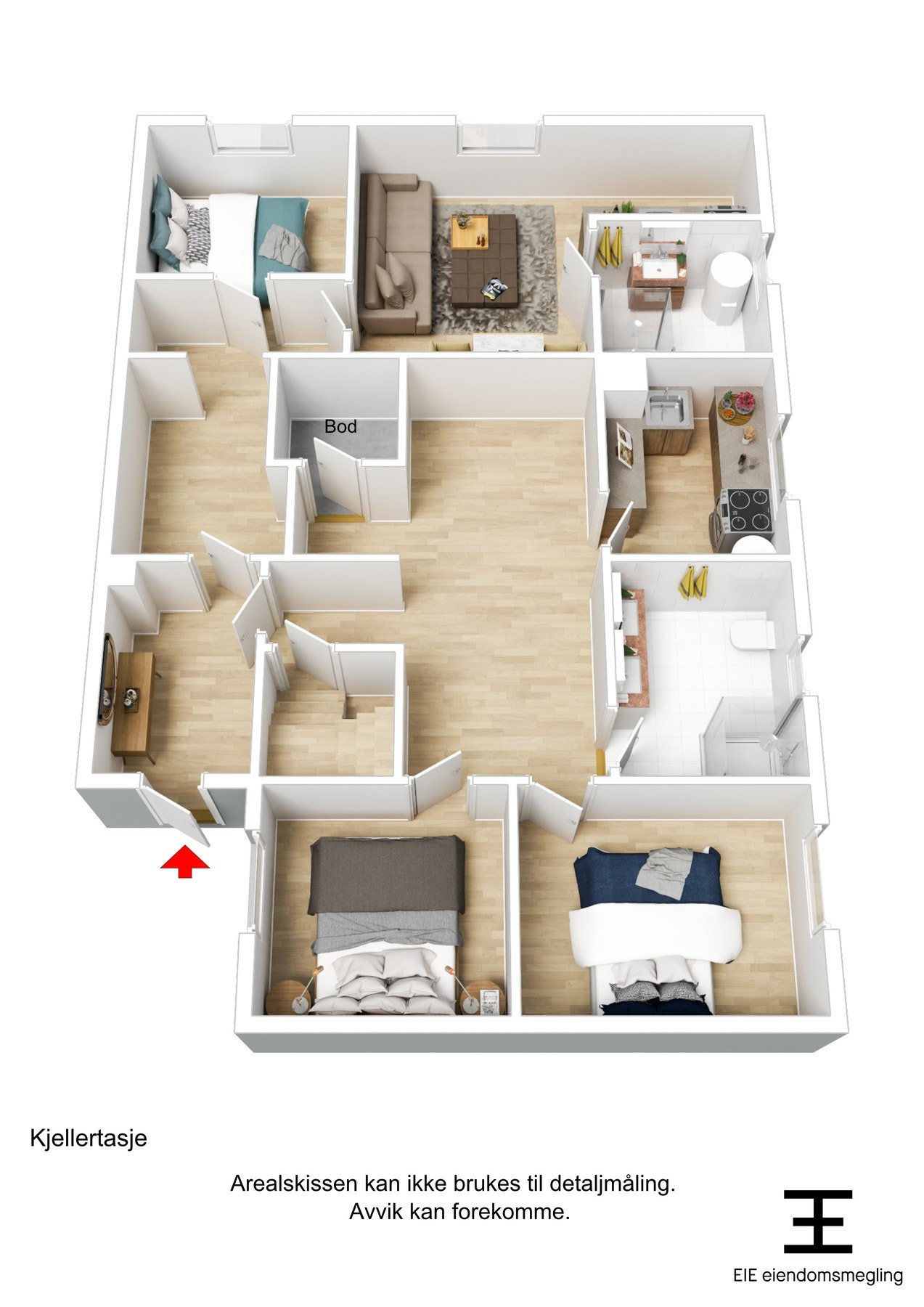 3D plantegning kjeller. Det er avvik fra originale godkjente byggetegninger Galleribilde