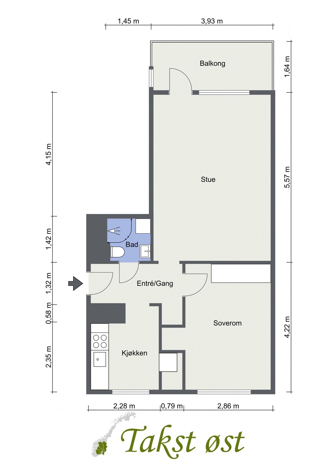 Plantegning. I tillegg disponerer leiligheten en kjellerbod på 4 kvm. Galleribilde