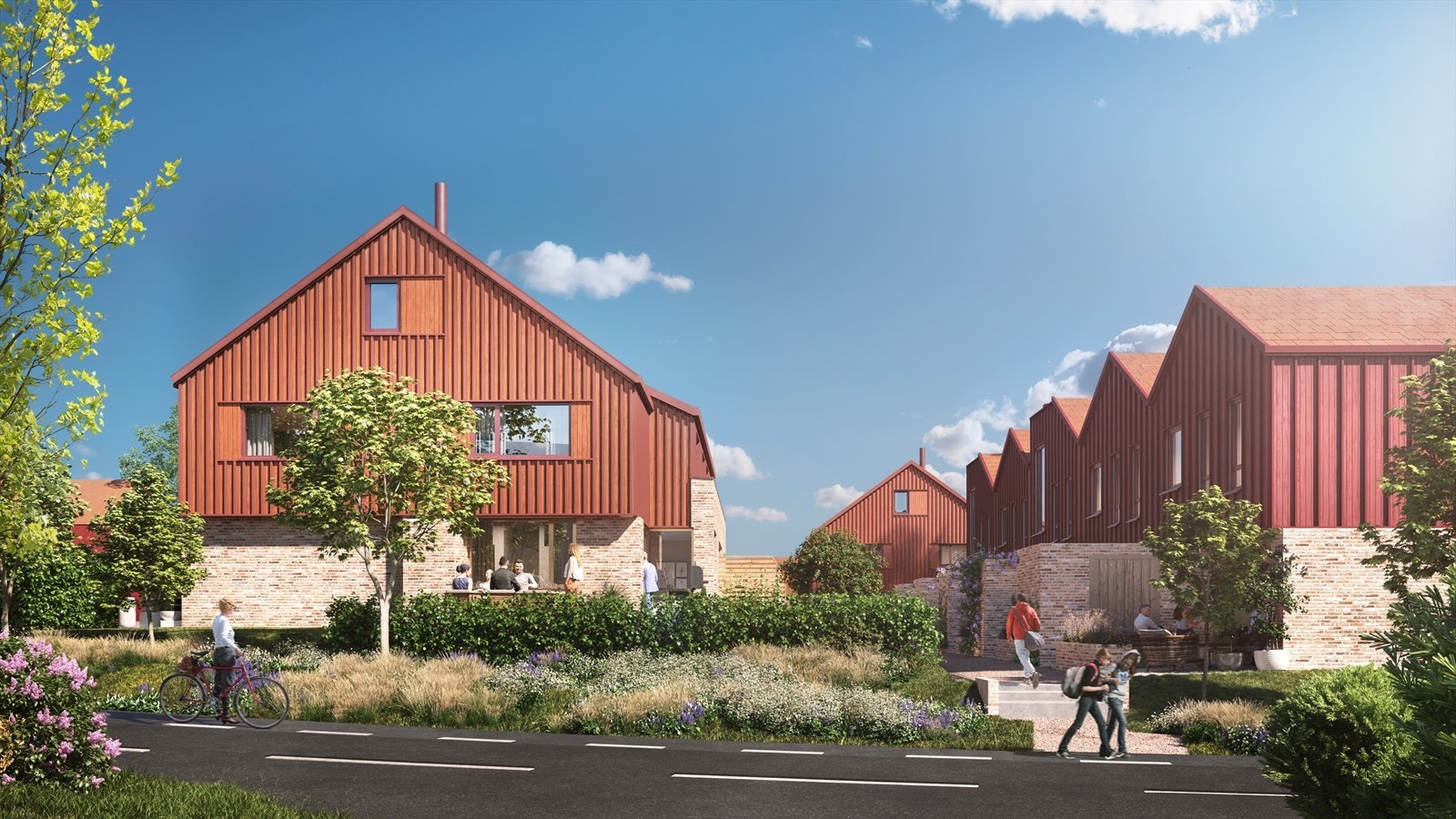 Boligene på Kleven gård og arkitekturen er inspirert av det gamle gårdstunet med teglsten i første etasje og rødtonet stående trepanel fra andre etasje og opp. Galleribilde