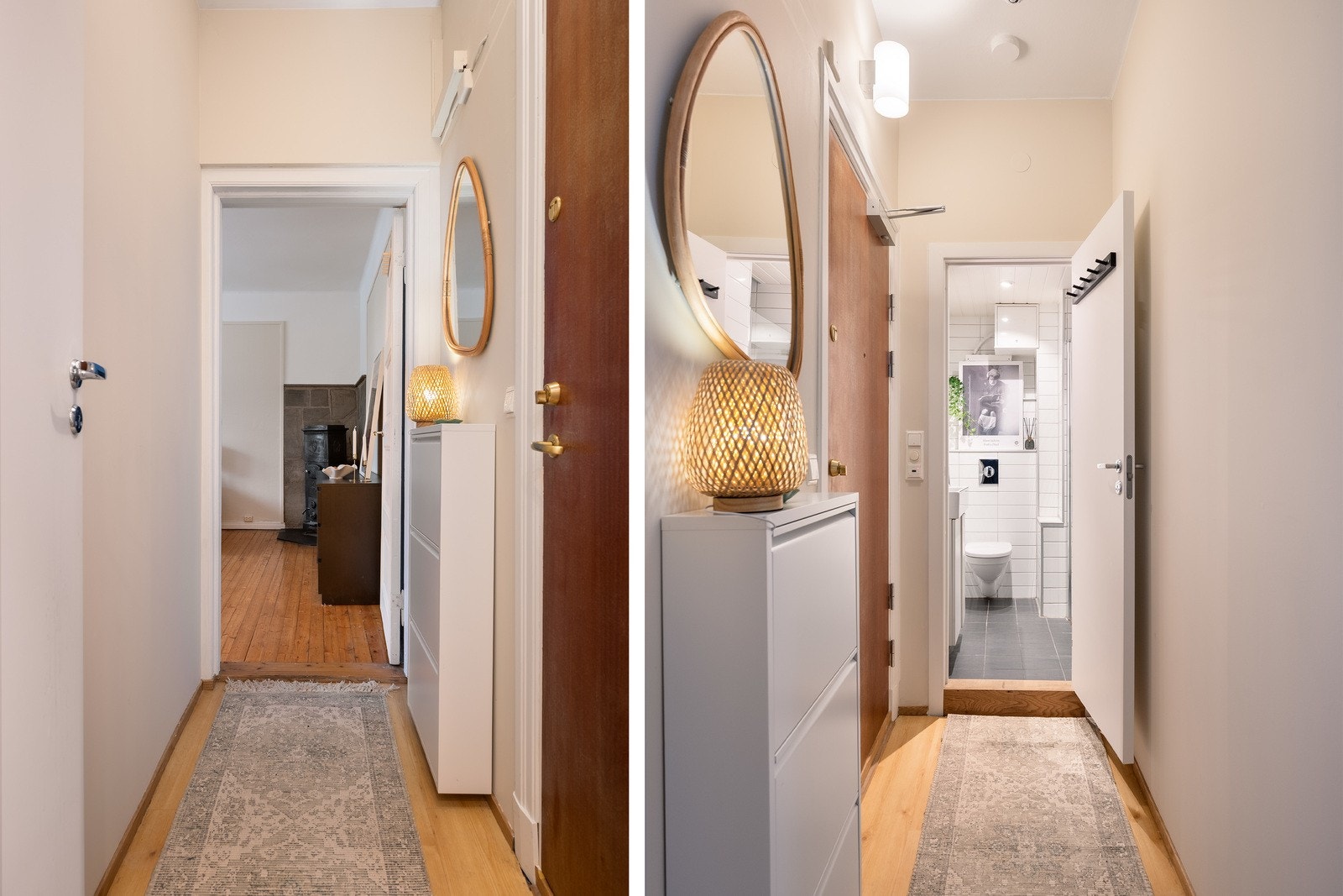 Innbydende entre som gir et godt førsteinntrykk til leiligheten. Her er det plass til oppheng og skapløsning. Digital poståpner gjør det enkelt å slippe inn gjester. Galleribilde