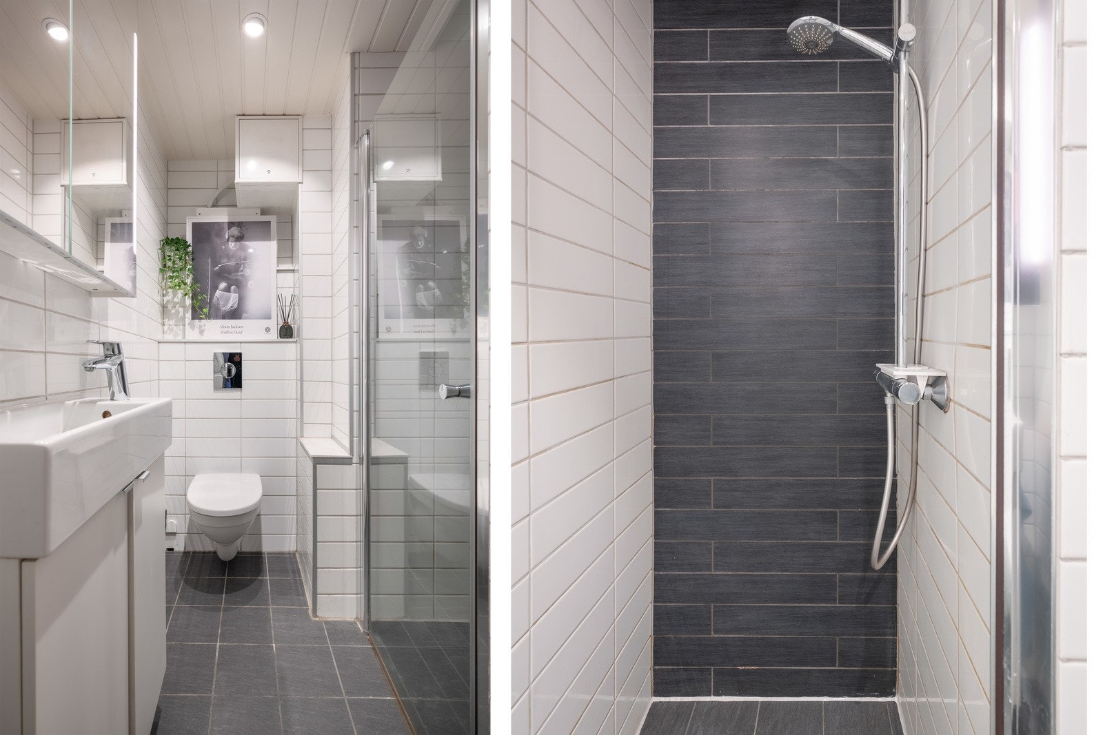 Innbydende bad fra 2018 med gode fasiliteter og en effektiv løsning. Innredningen er øvrig veggmontert dusjvegg dusj direkte på gulv, veggmontert klosett, servant med skapinnredning ogspeilskap. Galleribilde