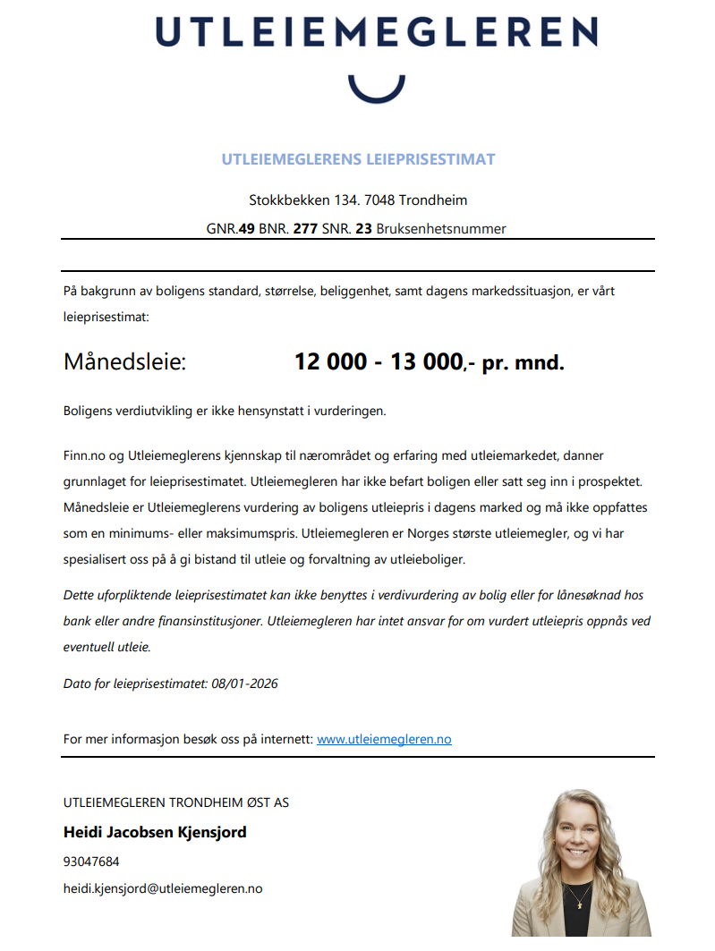 Utleiemegleren har estimert at utleieverdien til leiligheten ligger på 12 000 - 13 000 kr pr. mnd. Galleribilde