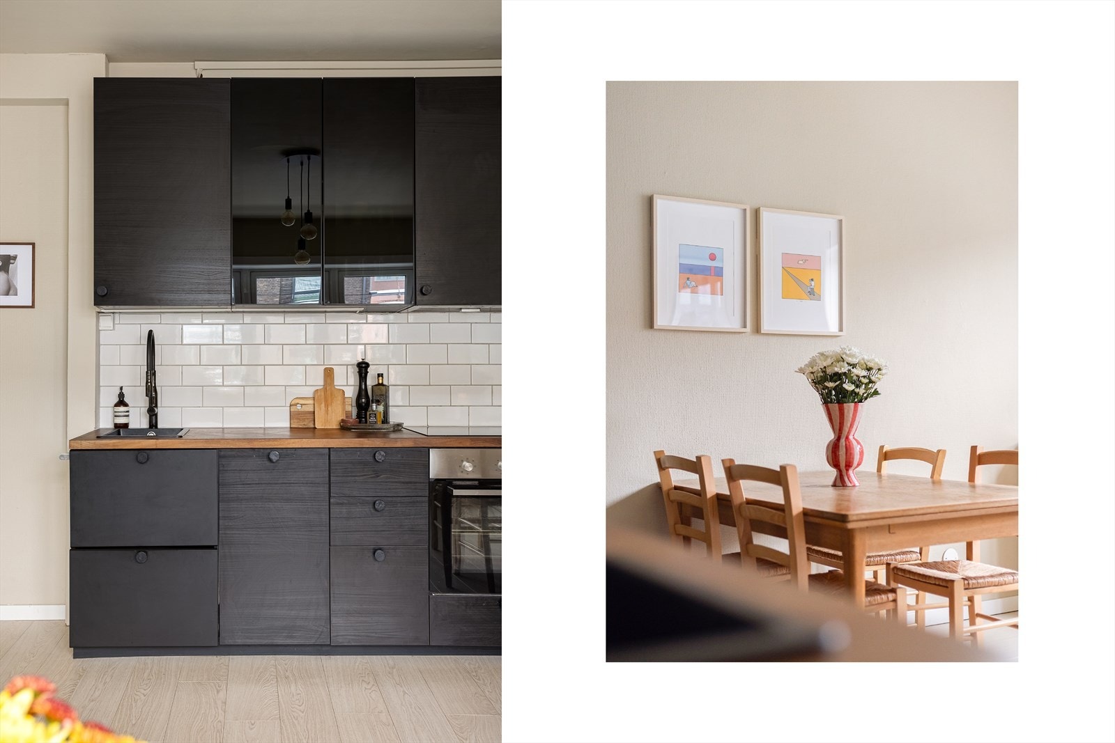 Kjøkkeninnredning med finér fronter og vitrinedører, nedfelt komposittkum, fliser på vegg over benk og ventilator med kullfilter. Galleribilde