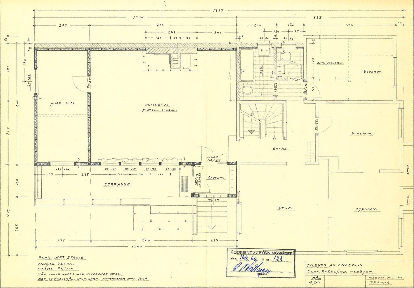 Plantegning 1. etasje (det foreligger ikke originale plantegninger av 2. etasje eller kjeller). NB! Ett soverom brukes i dag som spisestue. Badet er ett helt rom. Galleribilde