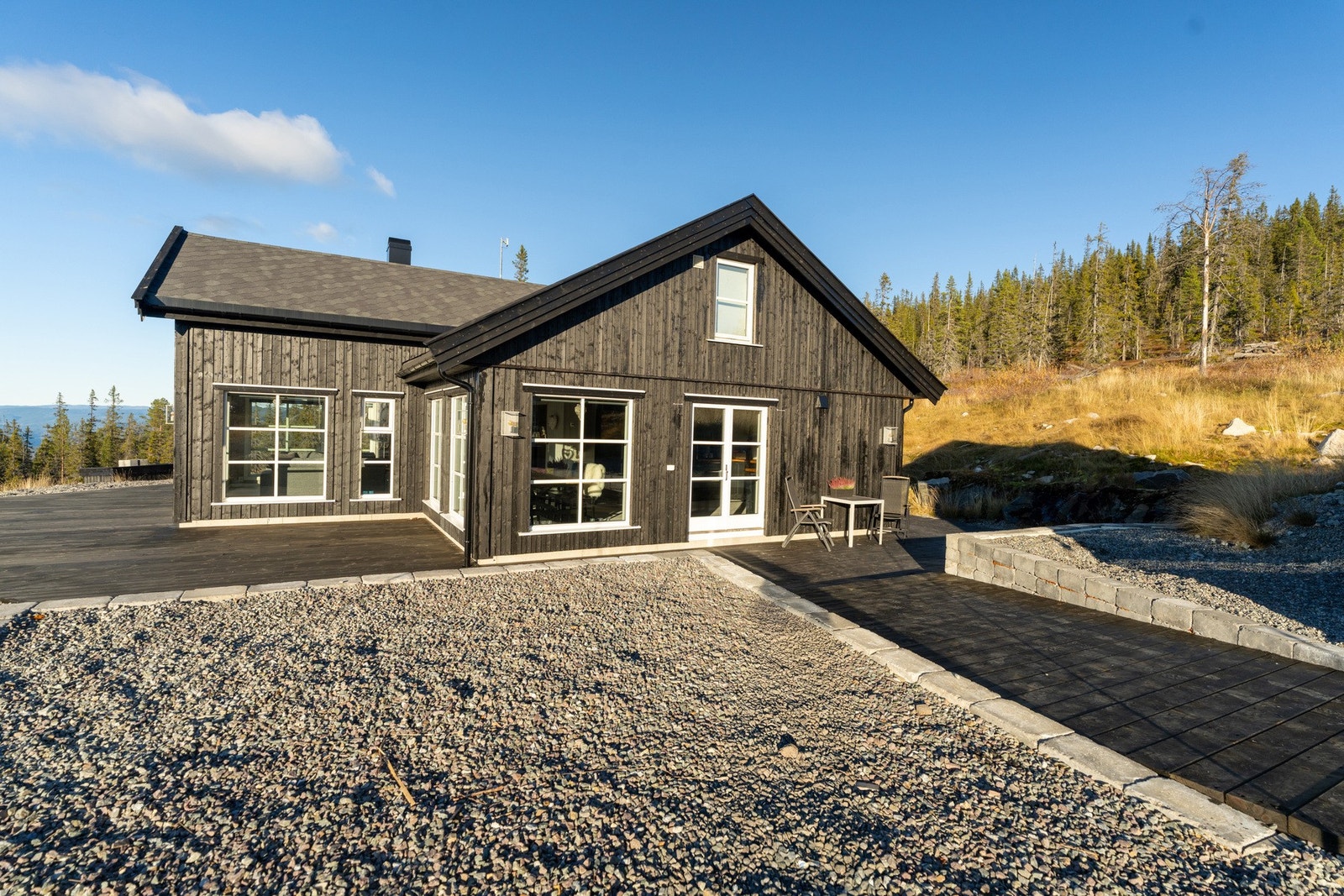 Tomta er opparbeidet med gruset innkjøring og parkeringsplass, øvrig tomt er naturtomt. Galleribilde