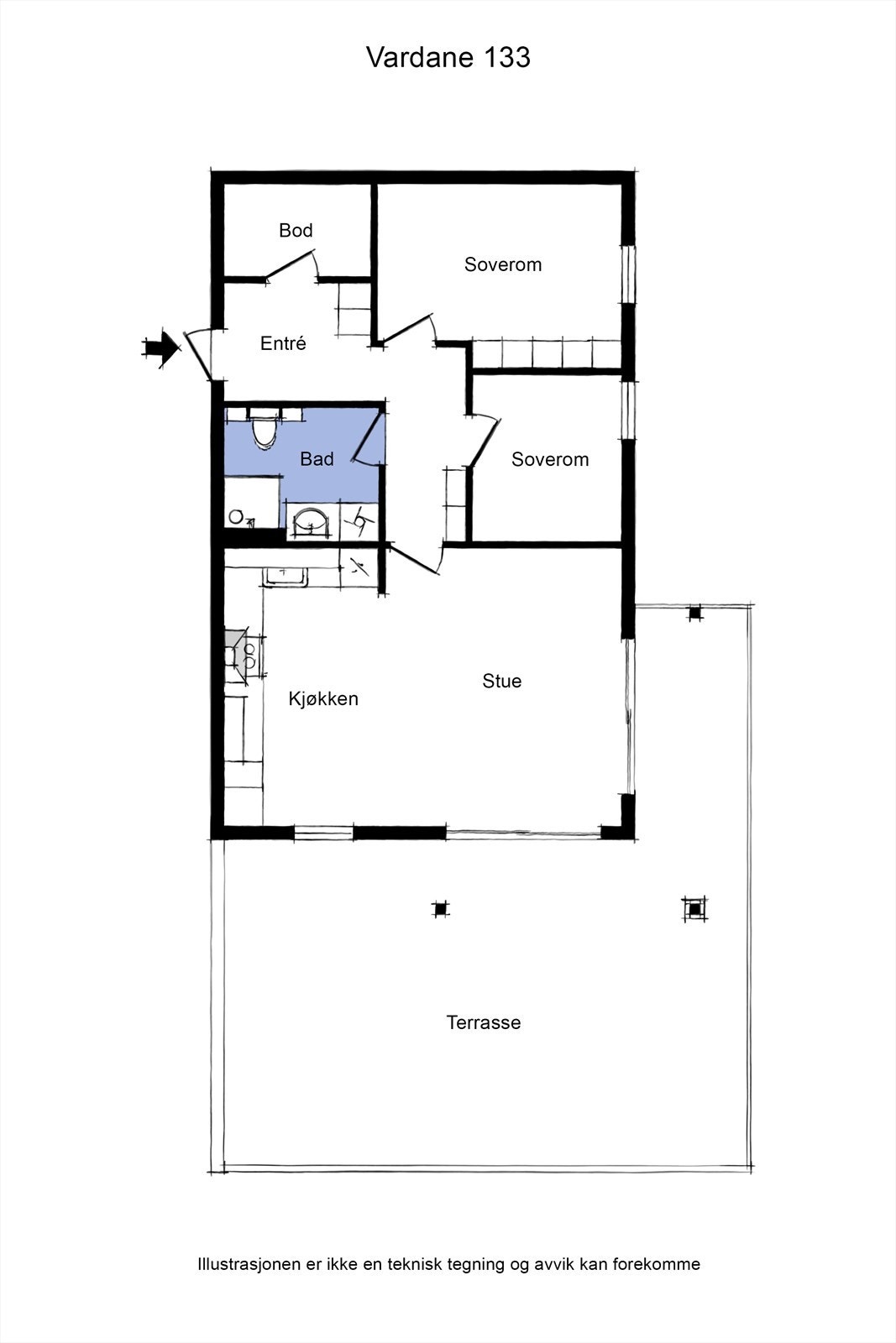Plantegning av leiligheten som ligger i første etasje. Galleribilde