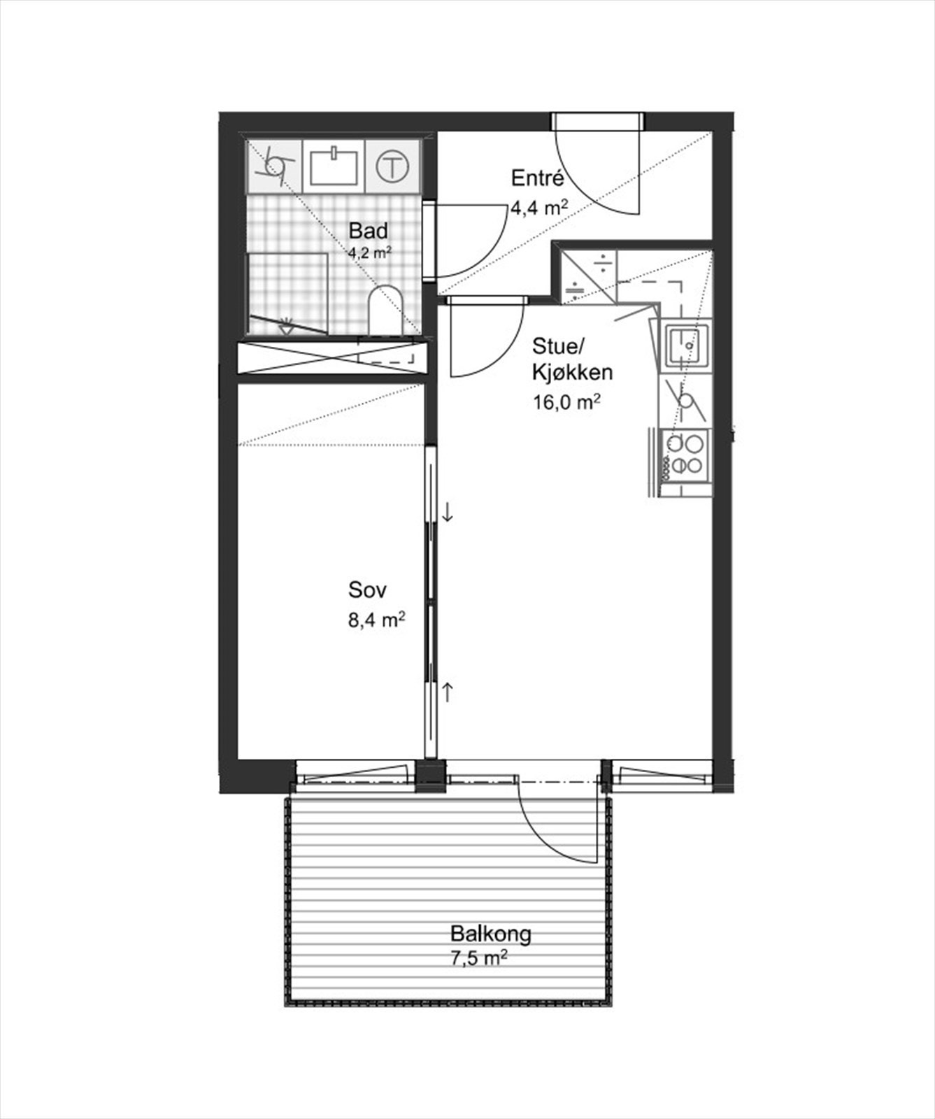 Plantegning fra Utbygger. Det medfølger kjellerbod på ca. 2,5 m². Galleribilde