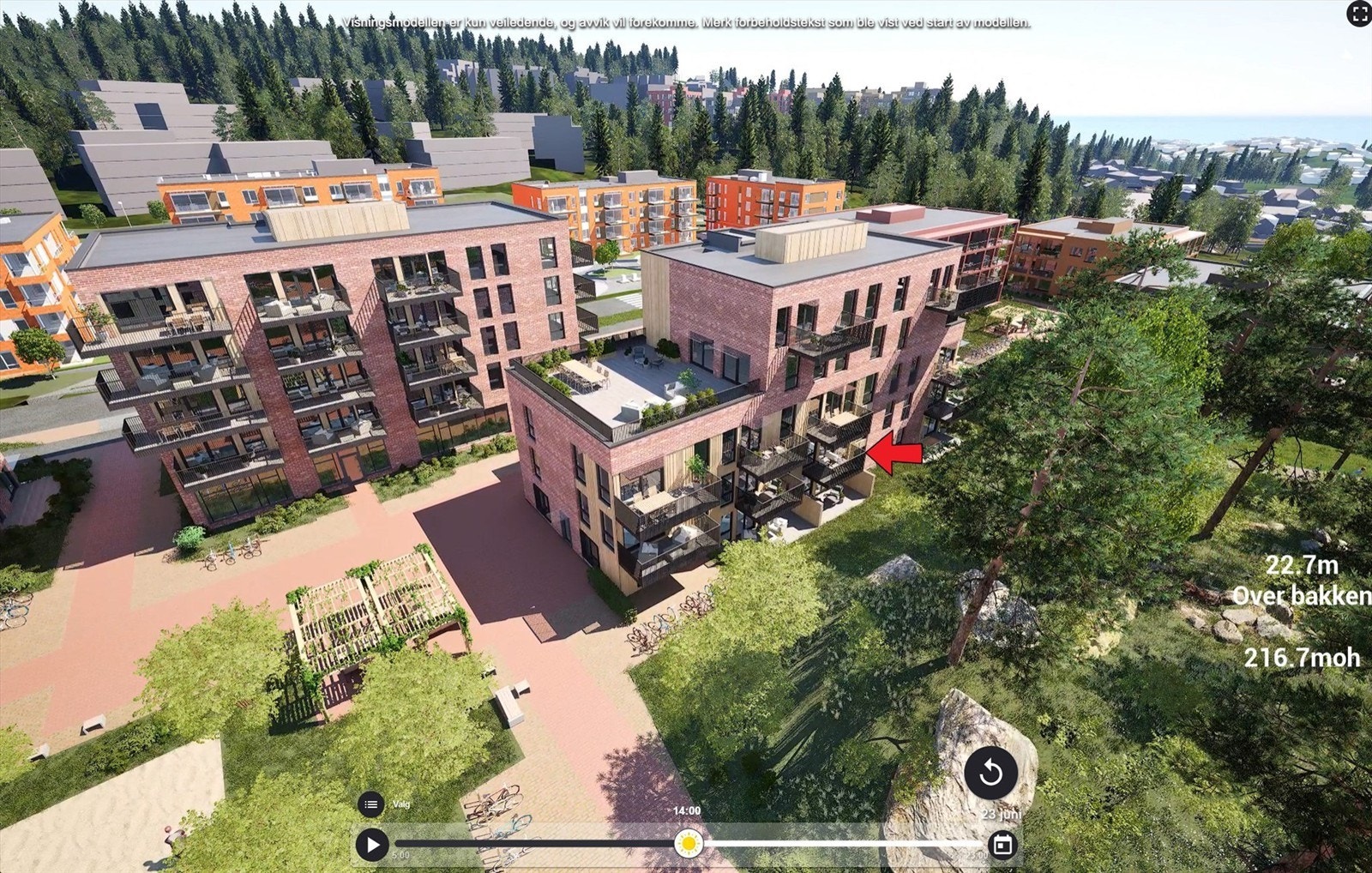 Illustrasjon | Fasade med markering av beliggenhet. Avvik kan forekomme. Galleribilde