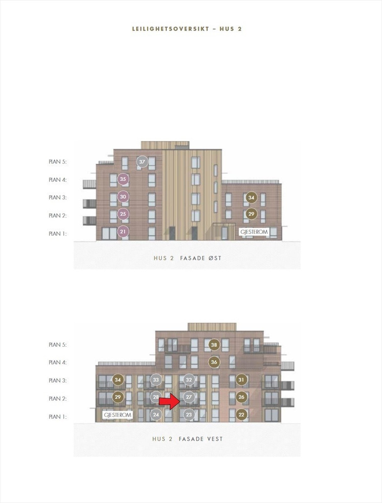 Illustrasjon av fasader med med markering av leilighetens beliggenhet. Galleribilde
