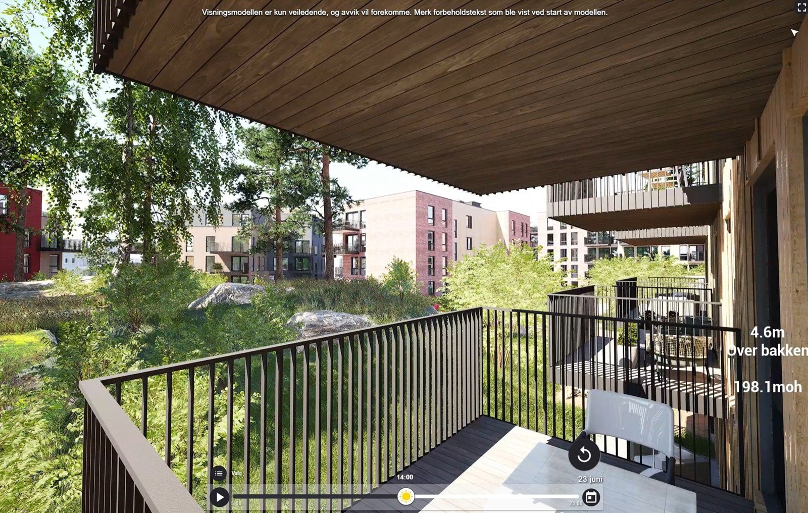 Illustrasjon | Utsikt fra den vestvendte balkongen på ca. 7,5 m². Avvik kan forekomme. Galleribilde