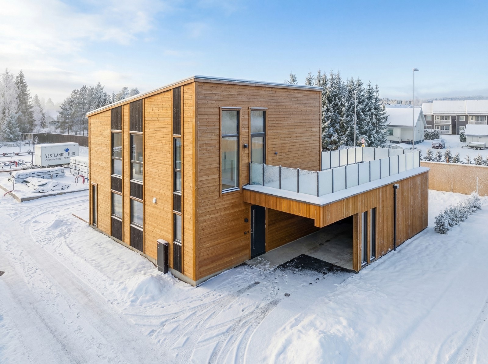 Velkommen til Garmovegen 8D - en moderne enebolig over 2 plan med carport - Foto: Romeriksfotografene (Hege Leren) Digitalt illustrert vinterbilde Galleribilde