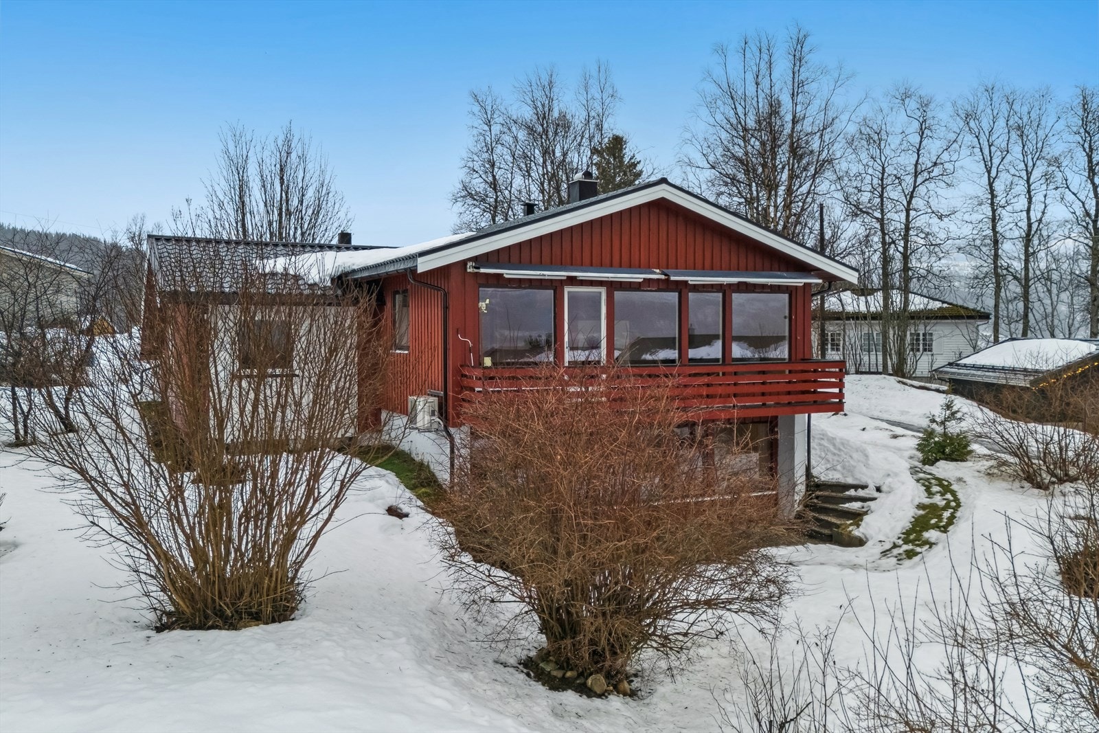 Romslig hage som er beplanter med gress og diverse hageplanter. Galleribilde
