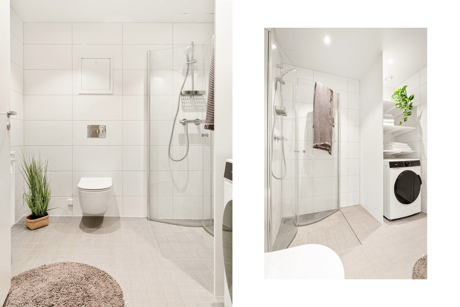 Opplegg for vaskemaskin og praktiske hyller for oppbevaring av håndklær mm. Galleribilde