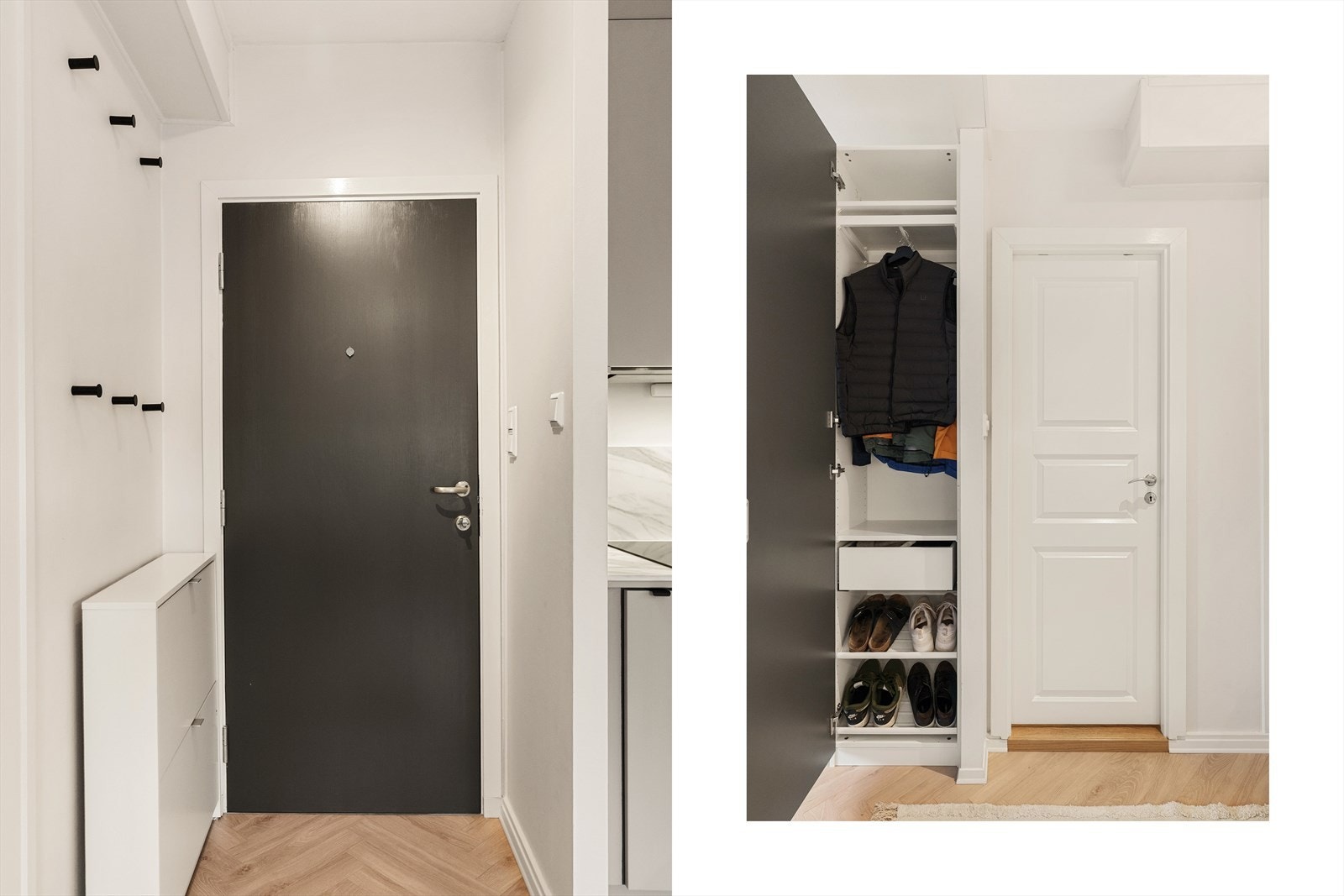 - Praktisk med skoskap og garderobeskap for oppbevaring av yttertøy - Galleribilde