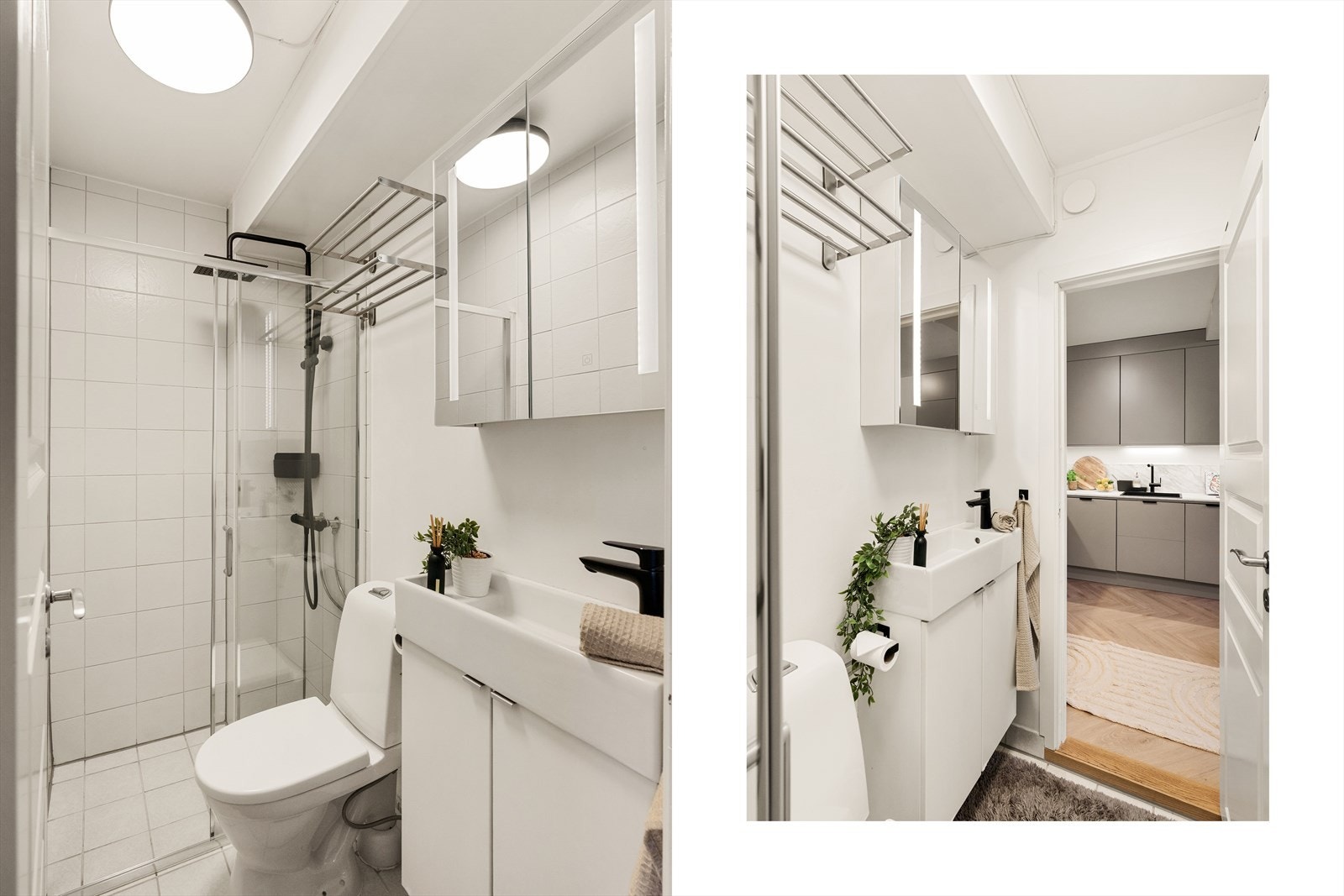 - Badet måler 2,1 m² og er innredet med toalett, dusj, heldekkende servant og speilskap - Galleribilde