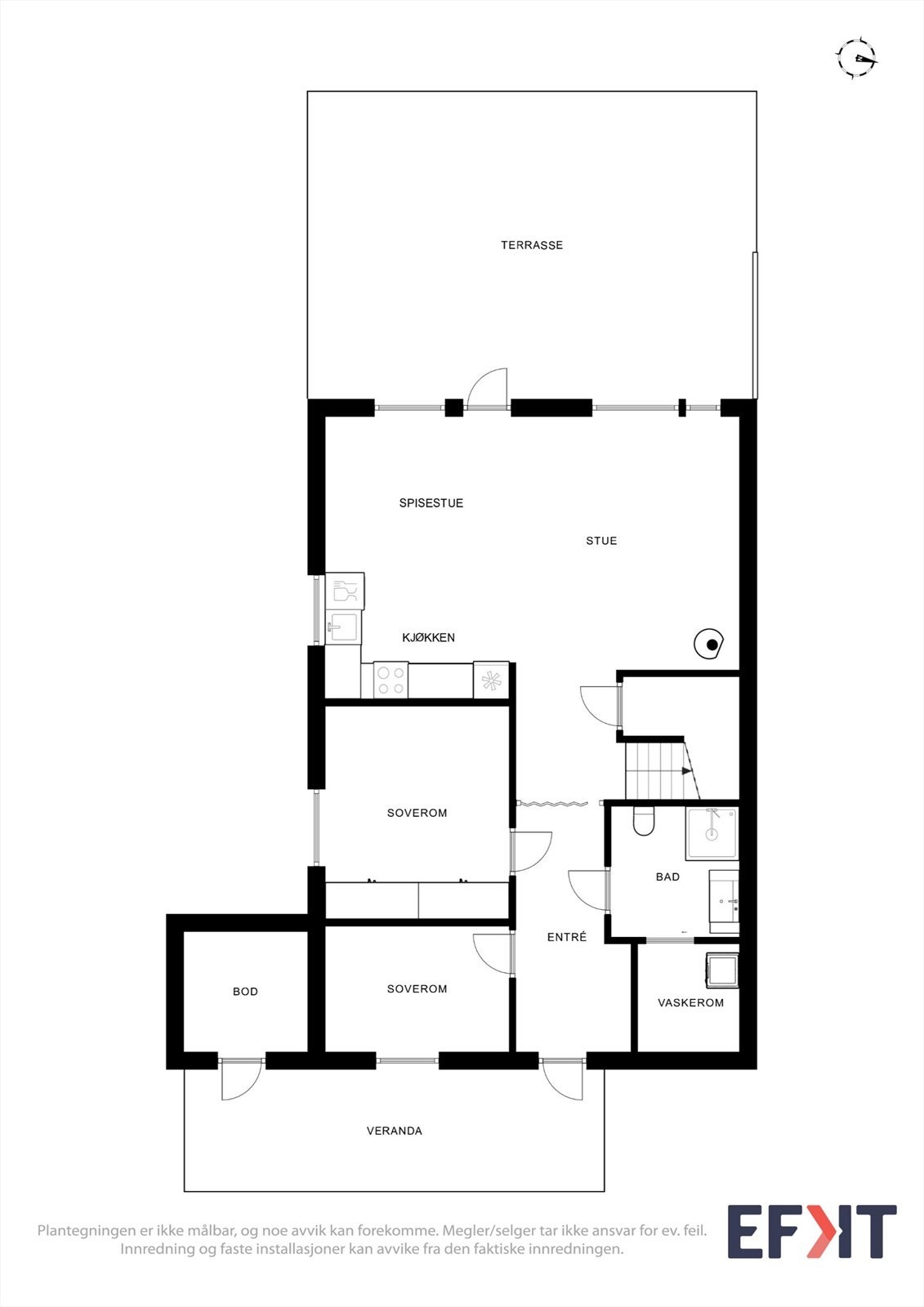 Første etasje har en arealeffektiv planløsning med åpen stue- og kjøkkenløsning, to soverom, bad, vaskerom og bod under trapp. Galleribilde