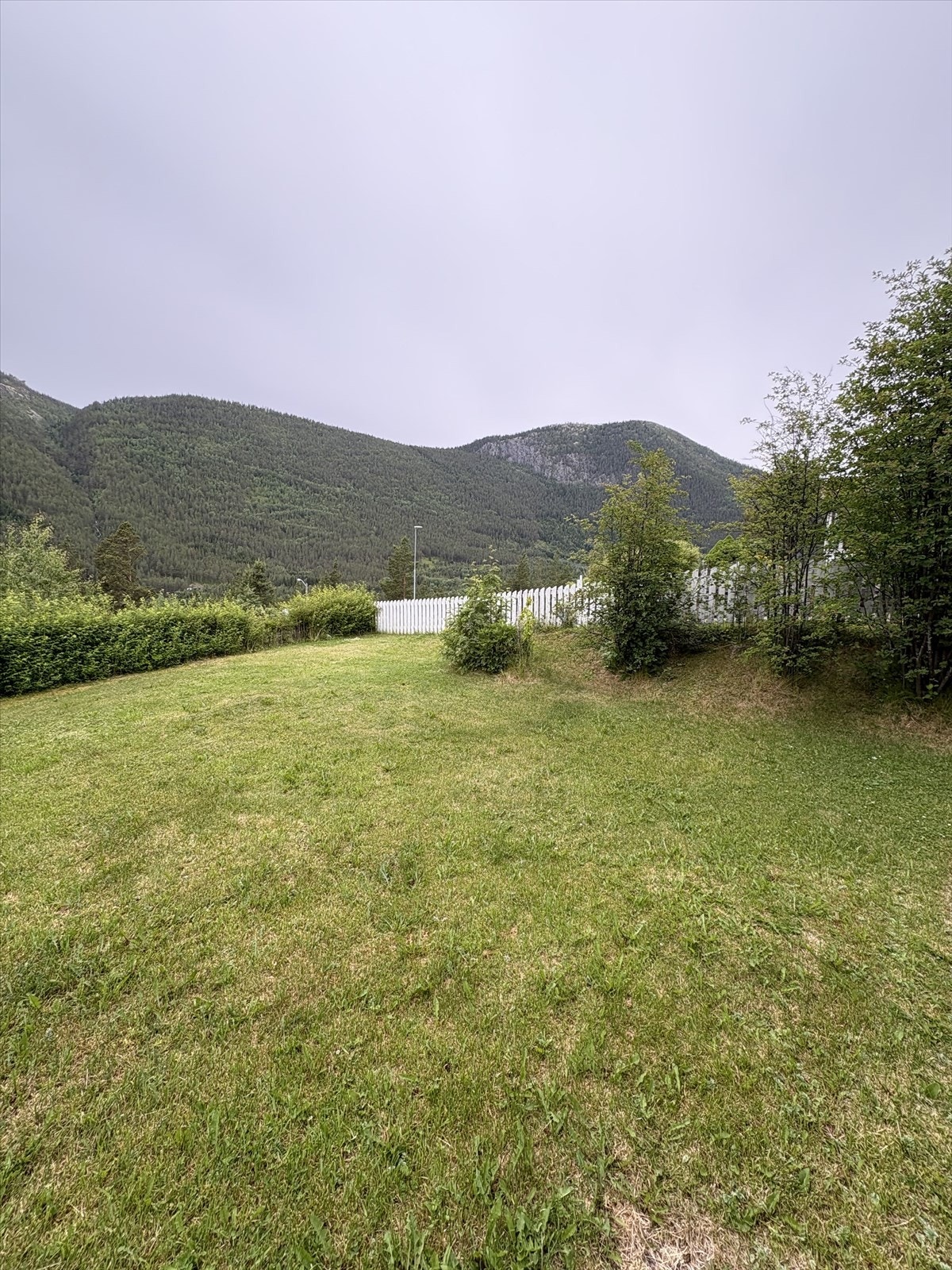 Boligen har tilnærmet flat tomt i forkant, og pent opparbeidede grøntareal. Galleribilde