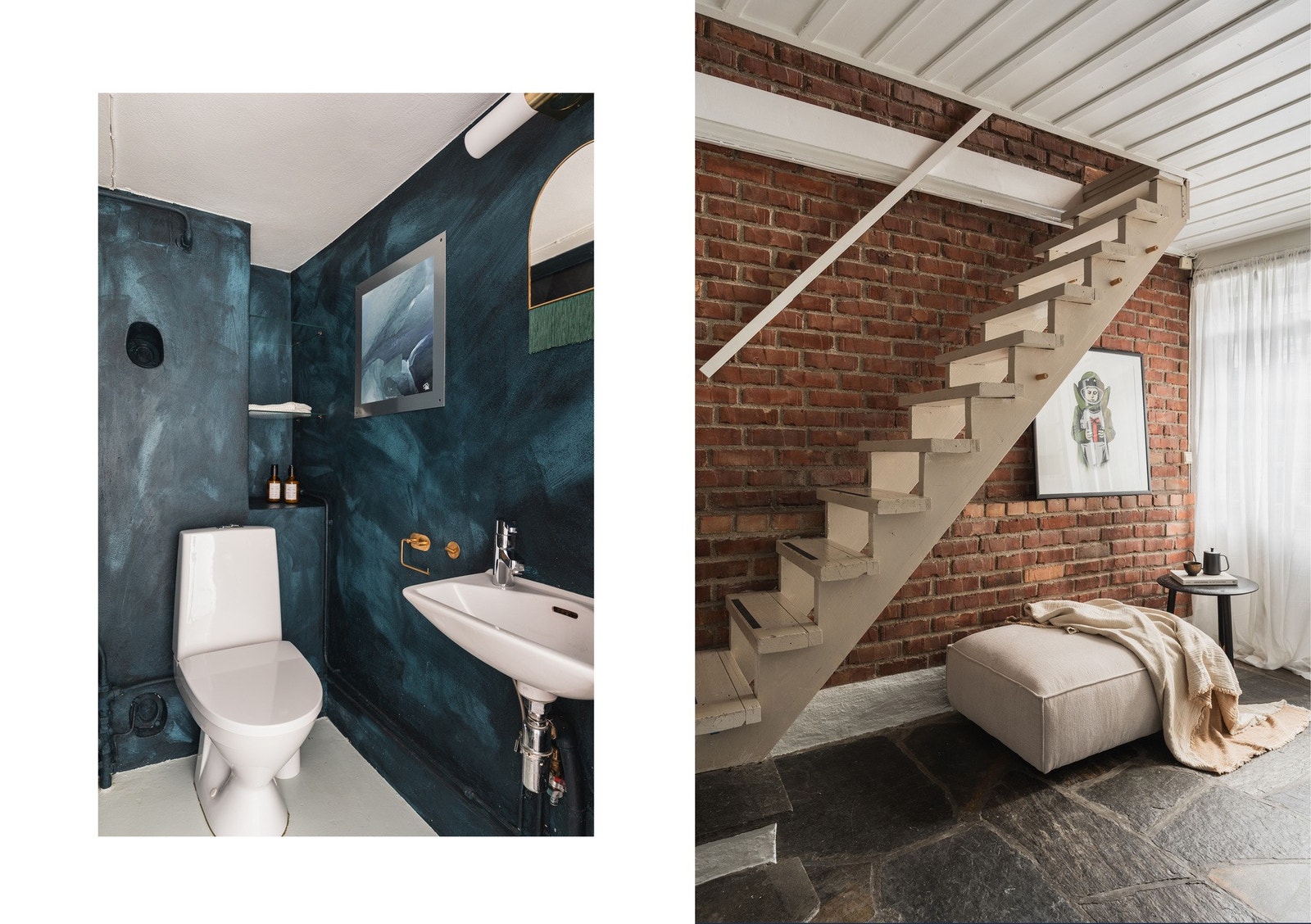 Praktisk, separat toalett i første etasje med veggmontert servant og malt betonggulv. Gulvet i 1. etasje har fuget skifersten, som sammen med teglsteinsveggen skaper et rustikt preg. Galleribilde