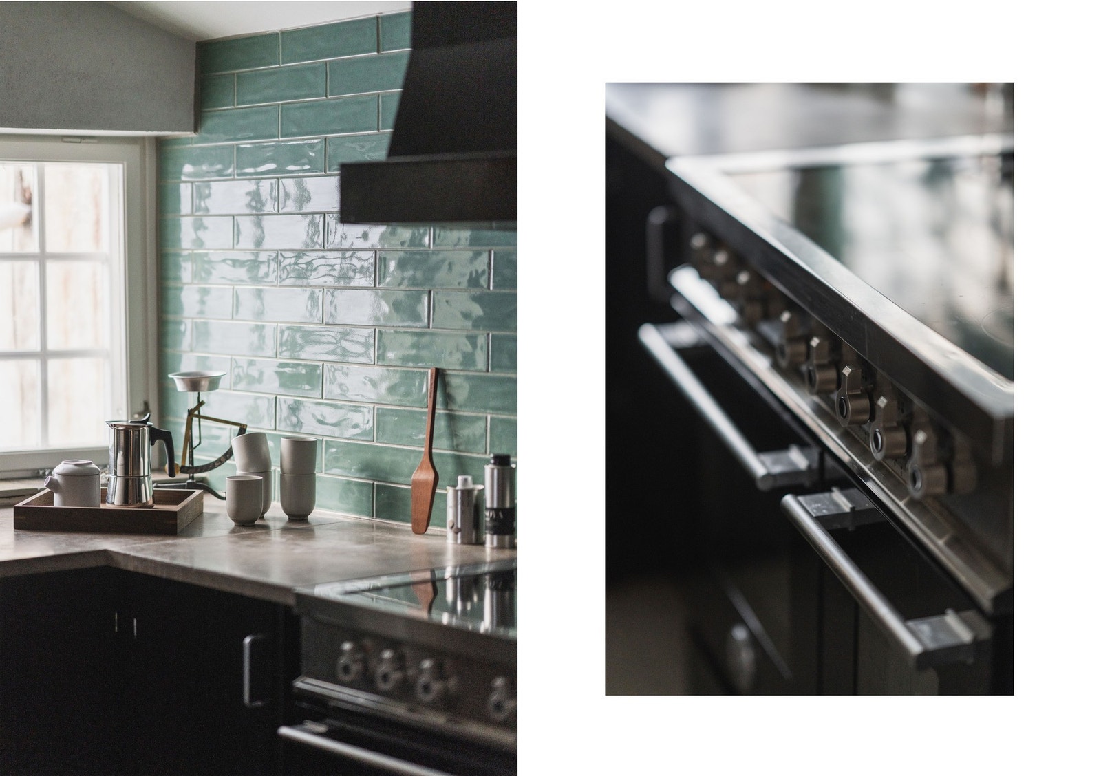 Kjøkkenet har en flisbelagt vegg med åpne hyller og integrert oppvaskkum i børstet stål. Galleribilde