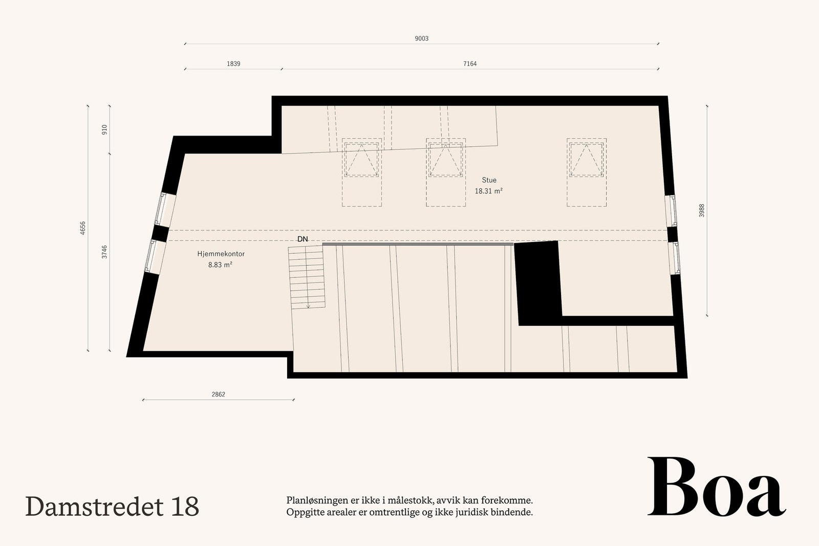 Plantegningen viser en fleksibel hems på 15 m², innredet som loftstue og hjemmekontor. Galleribilde
