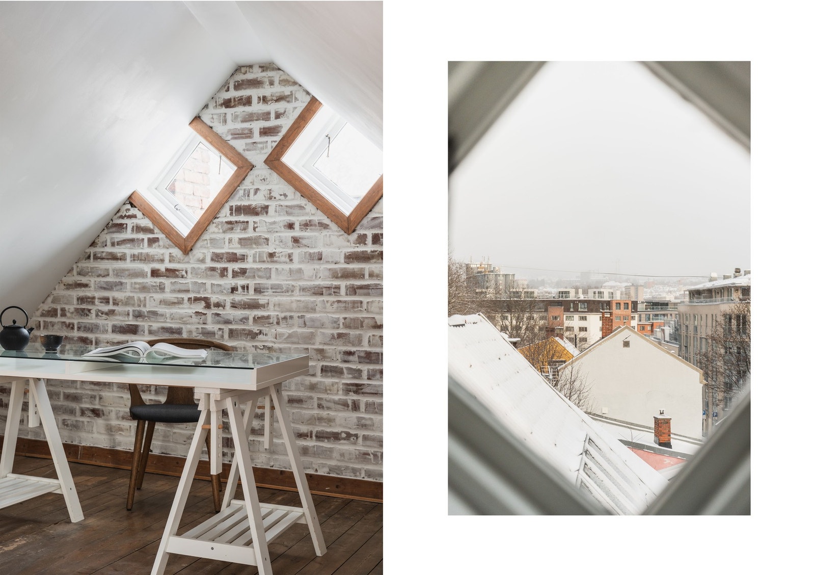 Fra hemsen er det utsyn over takene i nabolaget gjennom doble glass i endeveggen. Galleribilde