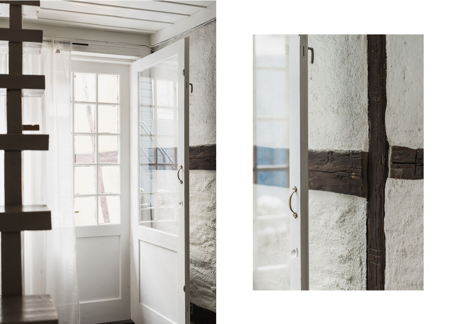 Inngangsdøren fra Tranga består av doble dørrammer i tre med enkle glass. Galleribilde