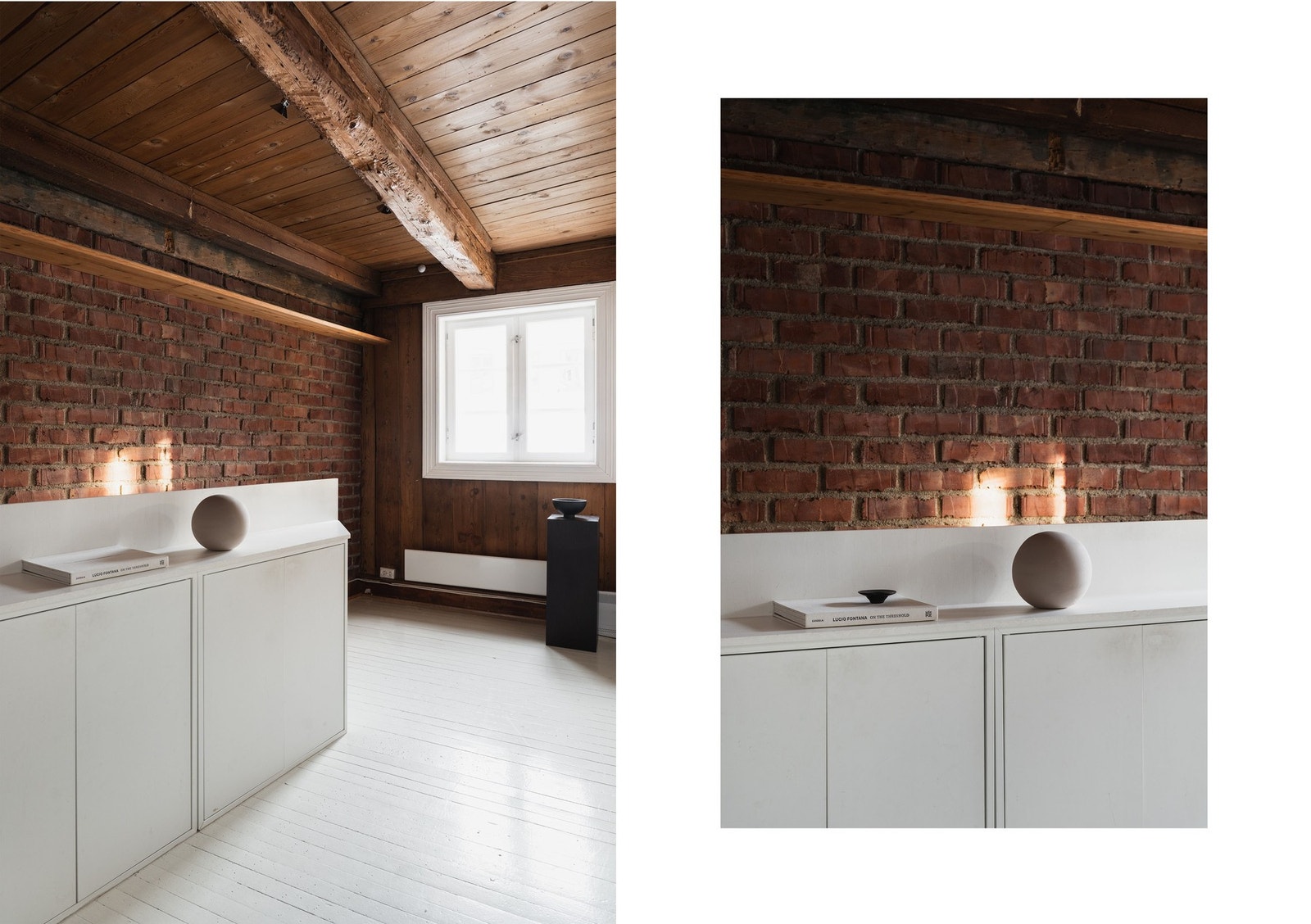 Boligens entré, bak skapene går trappen ned til 1. etasje. Eksponert teglstein og panelvegger understreker boligens historiske og lune karakter. Galleribilde