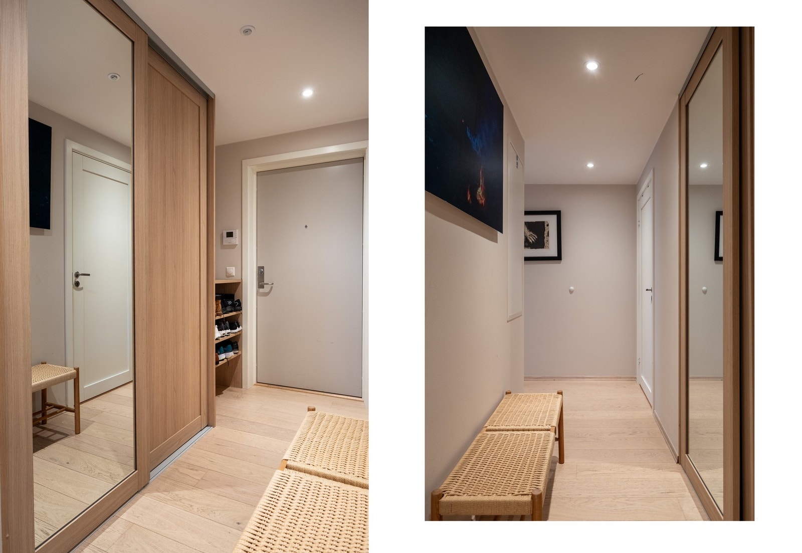 Lys og innbydende entré med god plass for oppbevaring i medfølgende garderobeskap. Callinganlegg og heisadkomst. Galleribilde