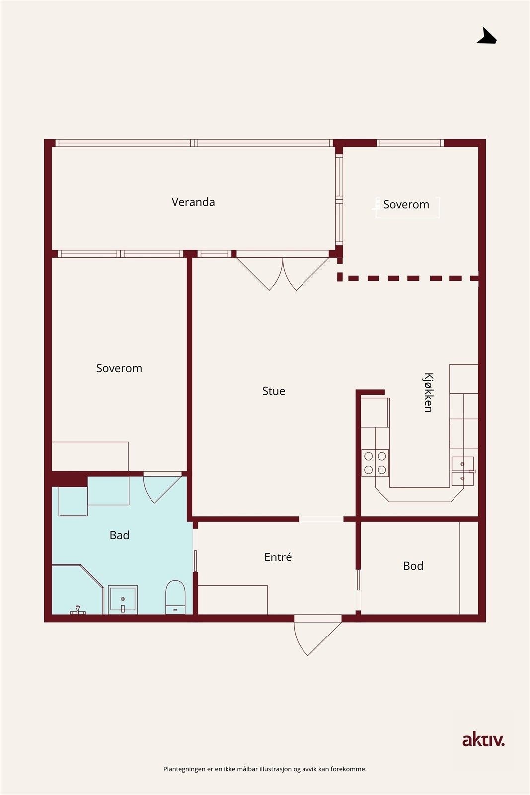 Leiligheten har muligheter for 2 soverom. Her er eksempel på alternativ planøsning. Galleribilde